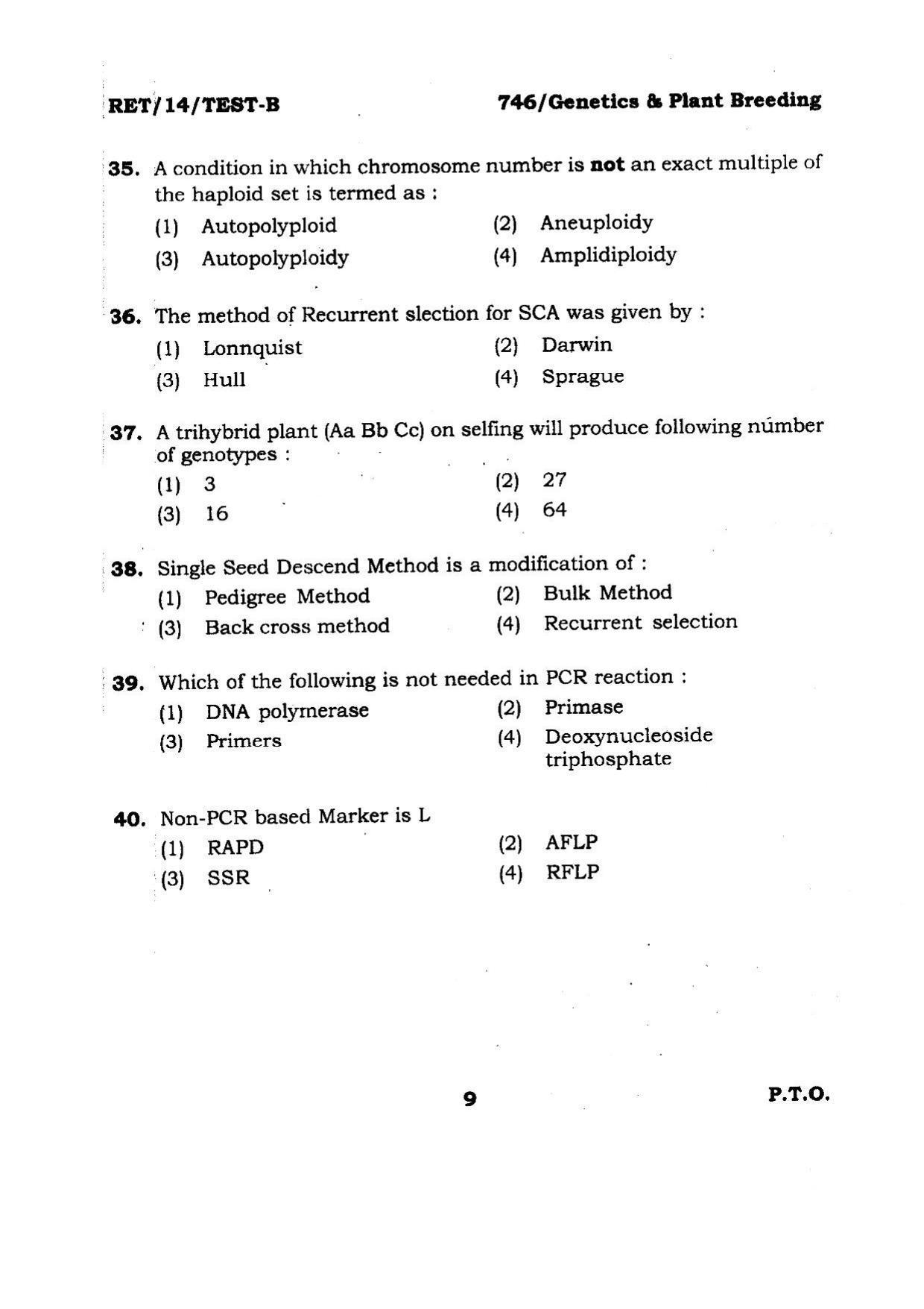 BHU RET Genetics & PLant Breeding 2014 Question Paper - Page 9