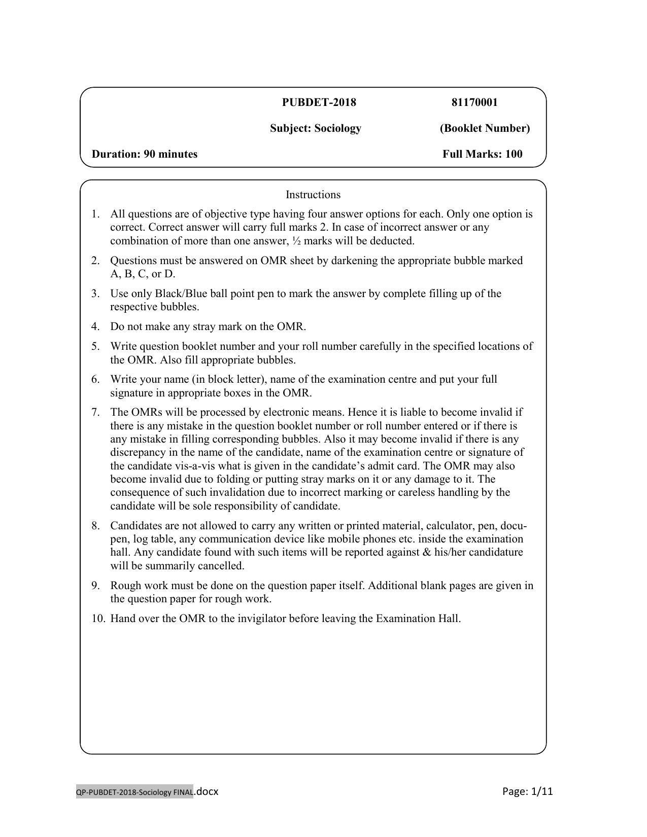 PUBDET 2018 Sociology Question Paper - Page 1