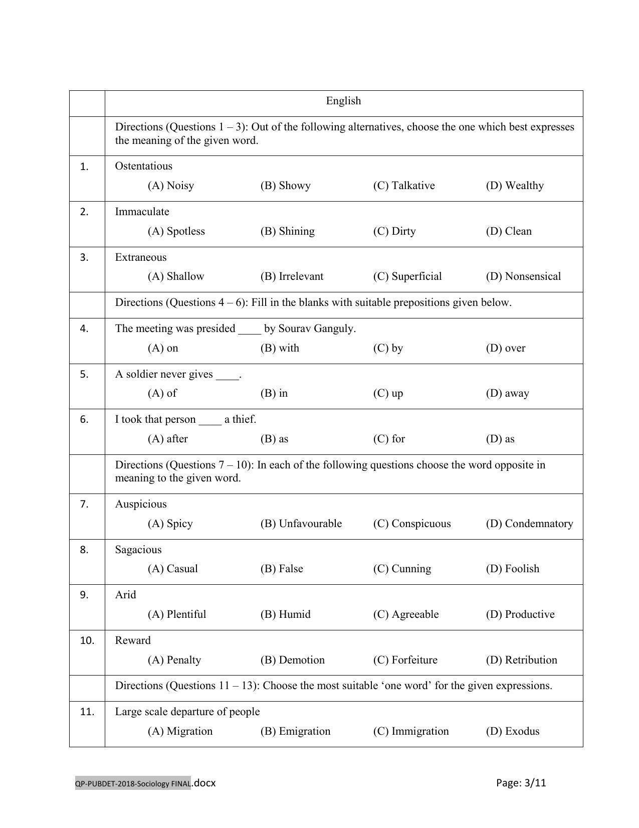 PUBDET 2018 Sociology Question Paper - Page 3
