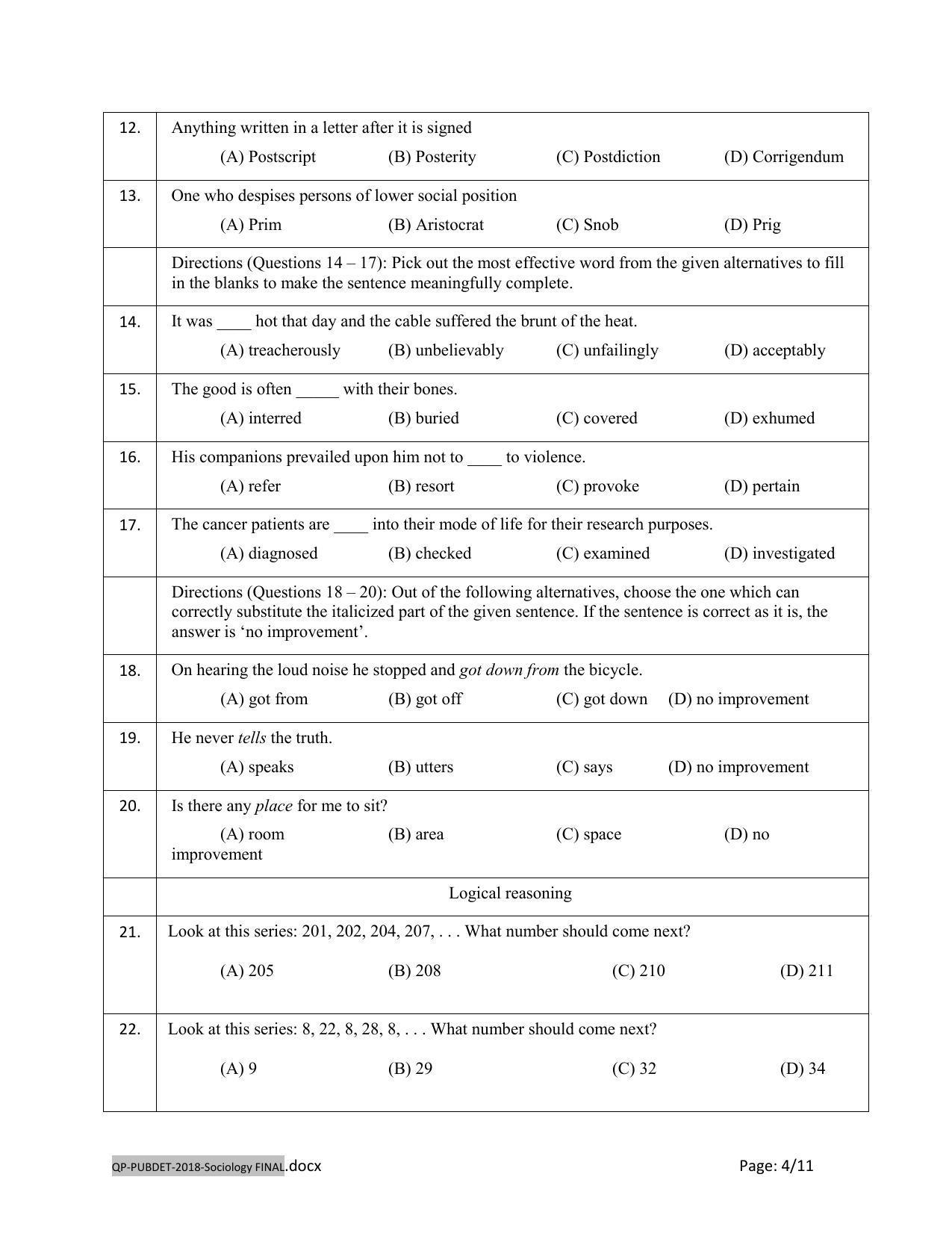 PUBDET 2018 Sociology Question Paper - Page 4