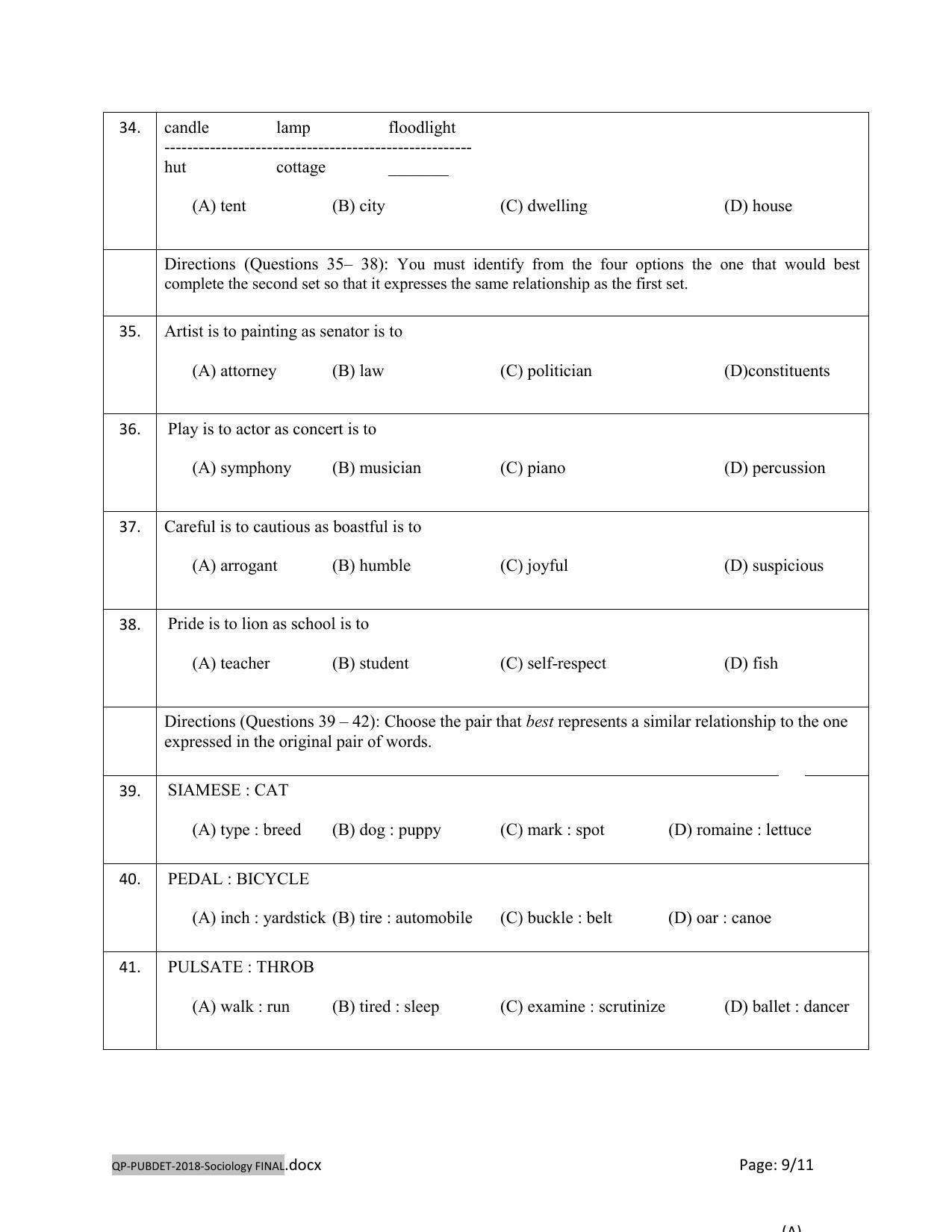 PUBDET 2018 Sociology Question Paper - Page 9