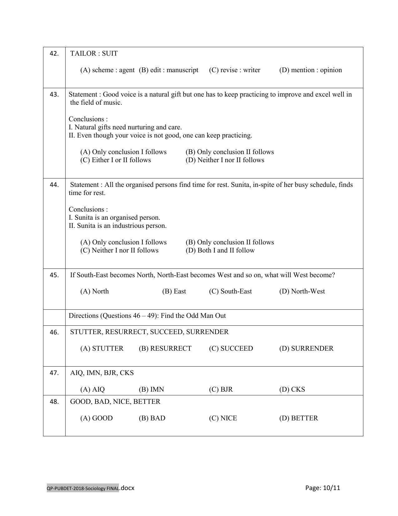 PUBDET 2018 Sociology Question Paper - Page 10