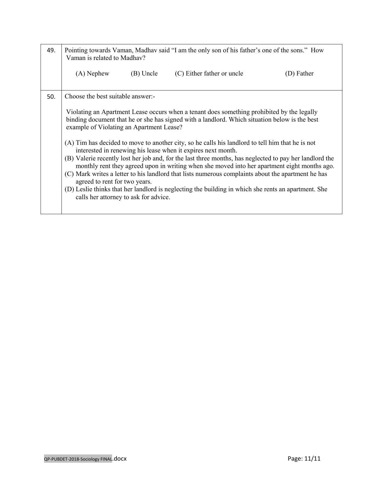 PUBDET 2018 Sociology Question Paper - Page 11