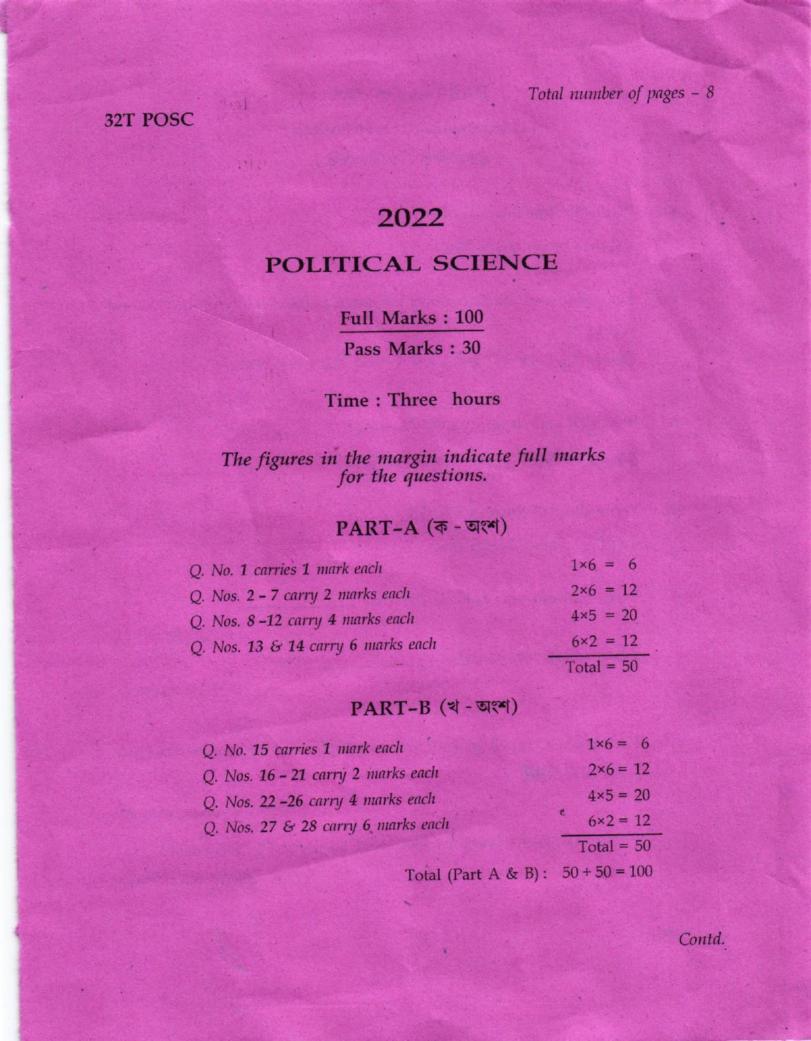 AHSEC Class 12 Political Science Question Papers 2022 - Page 1