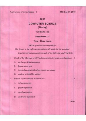 COHSEM Class 12 Computer Science 2019 Question Papers