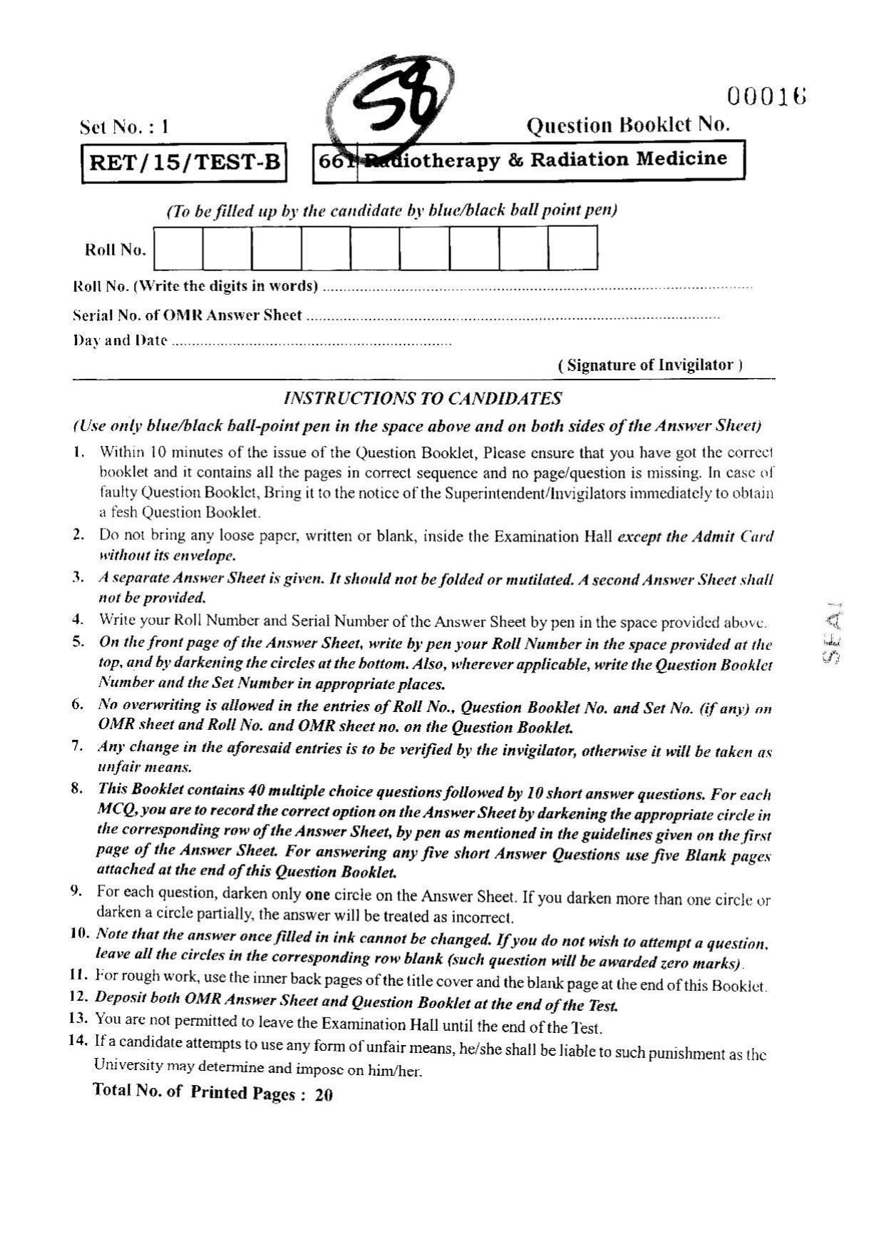 BHU RET RADIOTHERAPY& RADIATION MEDICINE 2015 Question Paper - Page 1