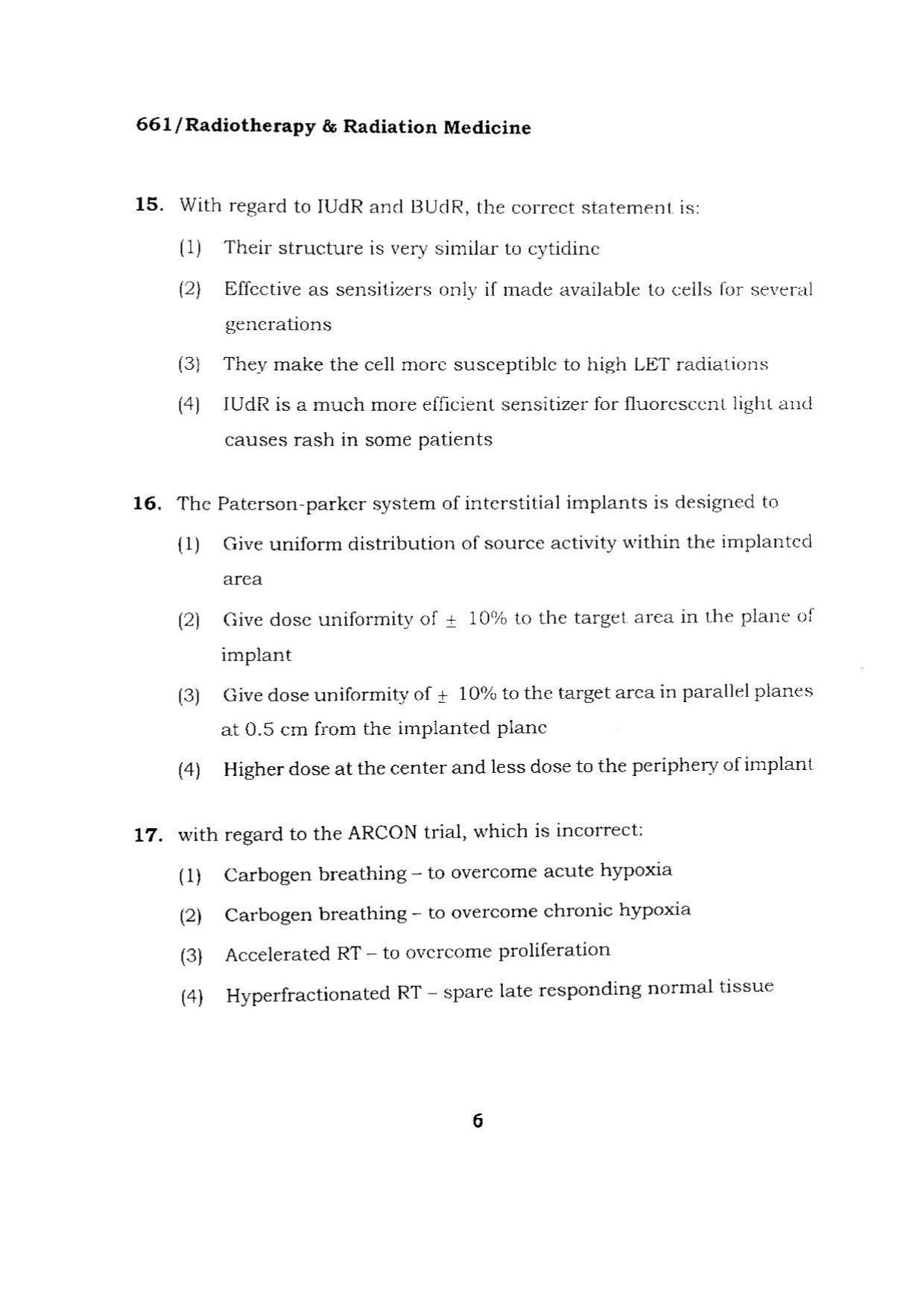 BHU RET RADIOTHERAPY& RADIATION MEDICINE 2015 Question Paper - Page 6
