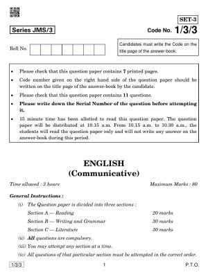 CBSE Class 10 1-3-3 ENGLISH COMMUNICATIVE 2019 Question Paper