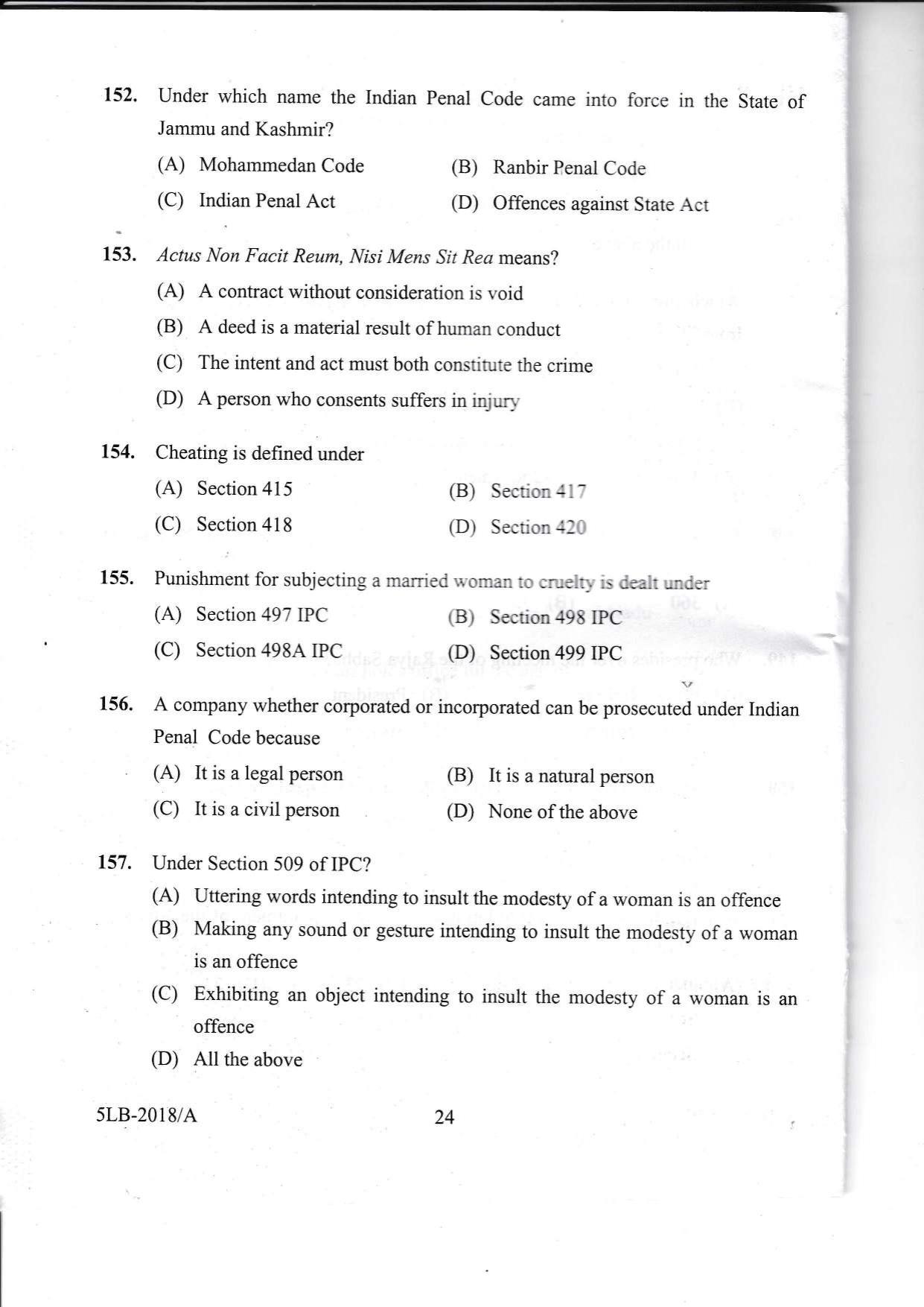 KLEE 5 Year LLB Exam 2018 Question Paper - Page 24