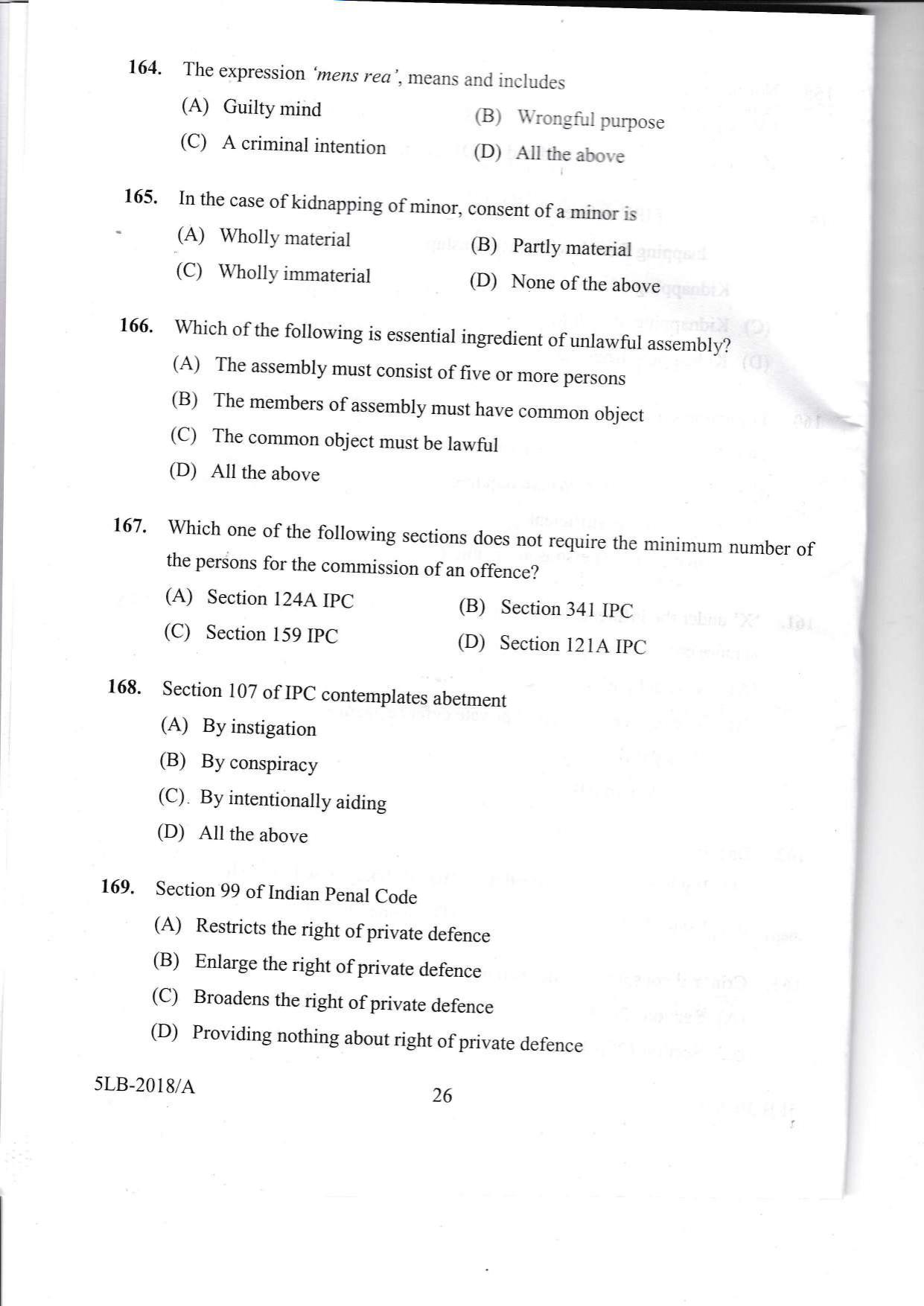 KLEE 5 Year LLB Exam 2018 Question Paper - Page 26