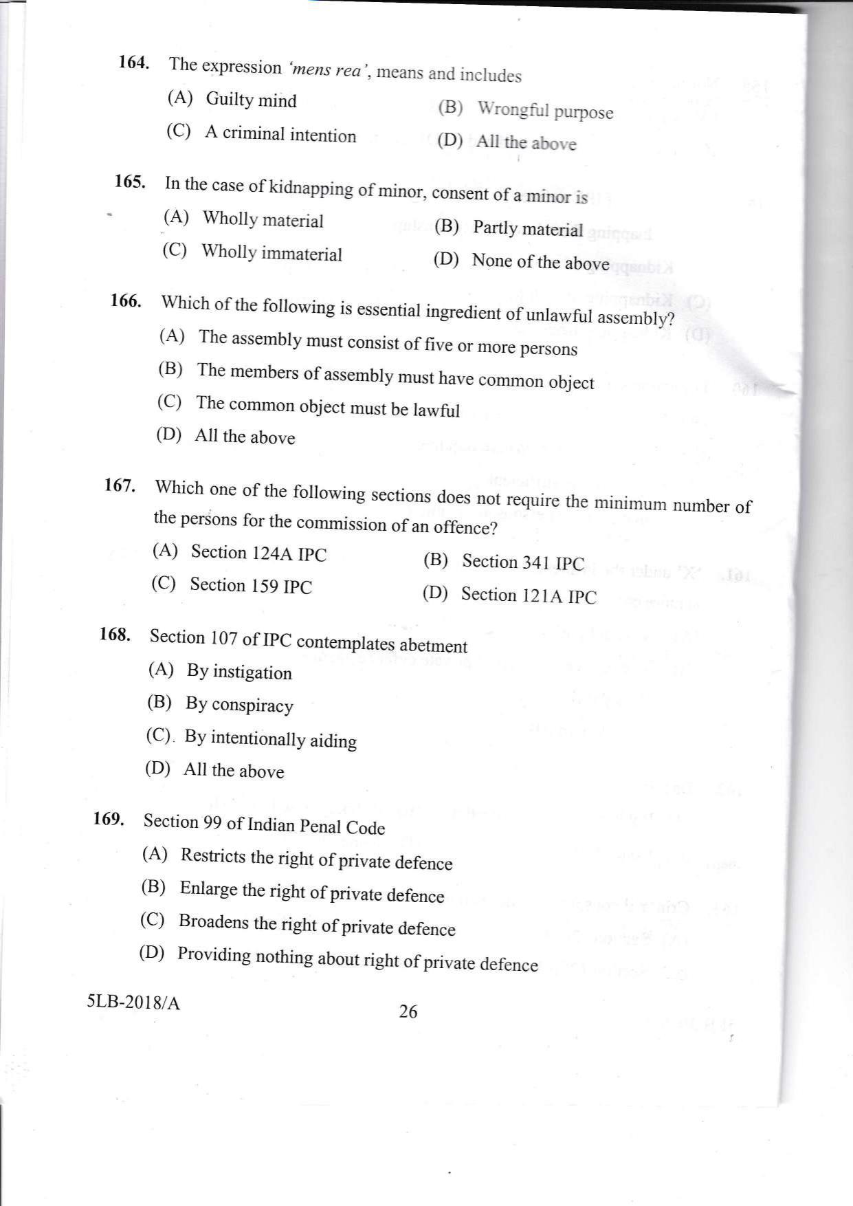 KLEE 5 Year LLB Exam 2018 Question Paper - Page 26