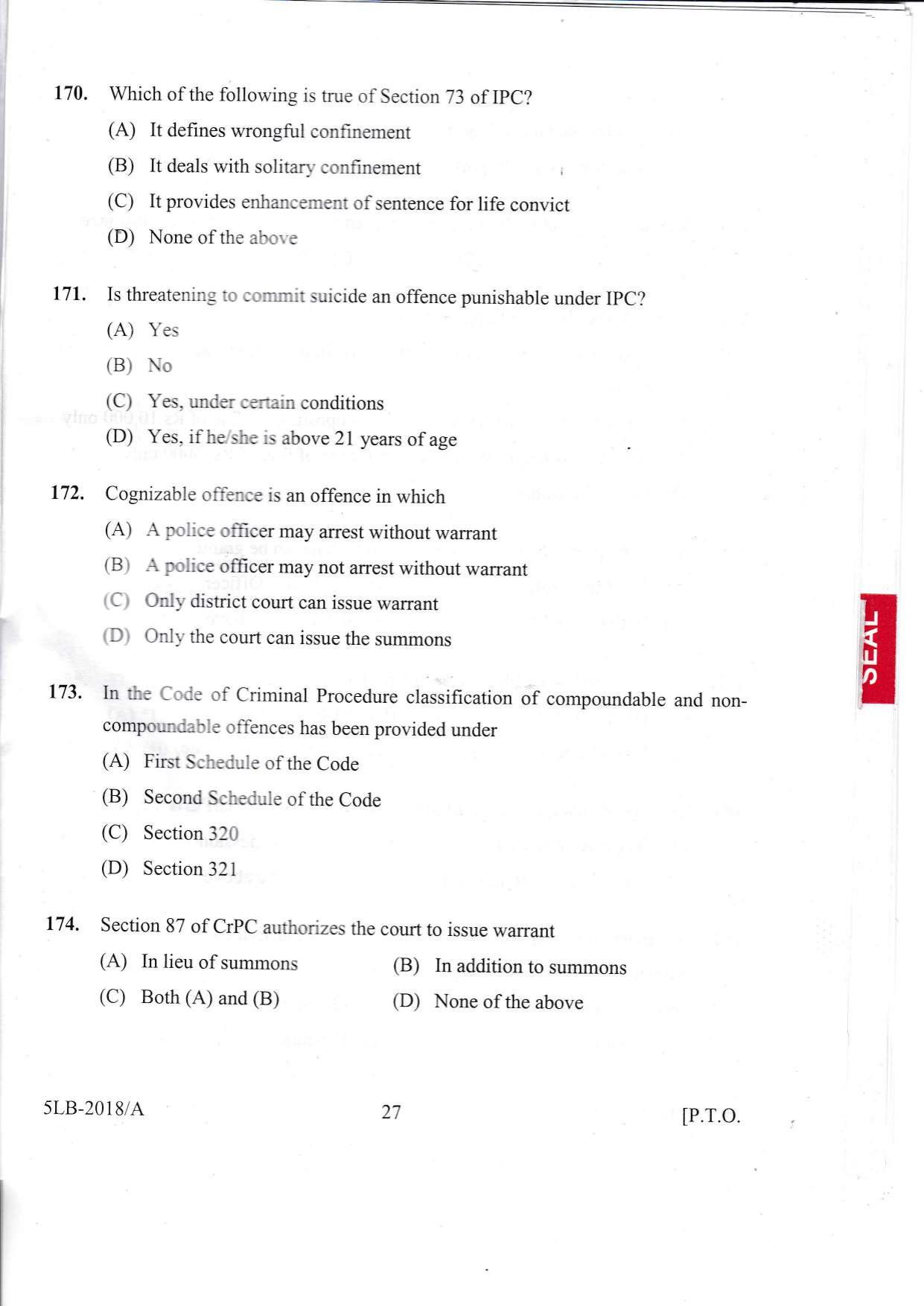 KLEE 5 Year LLB Exam 2018 Question Paper - Page 27