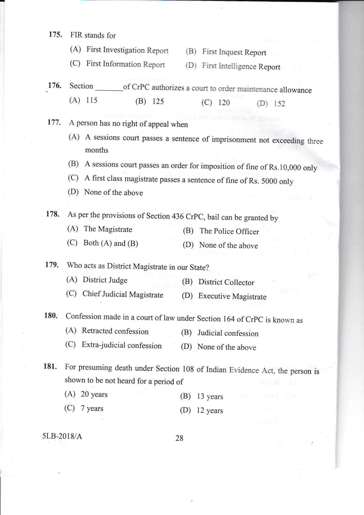 KLEE 5 Year LLB Exam 2018 Question Paper - Page 28