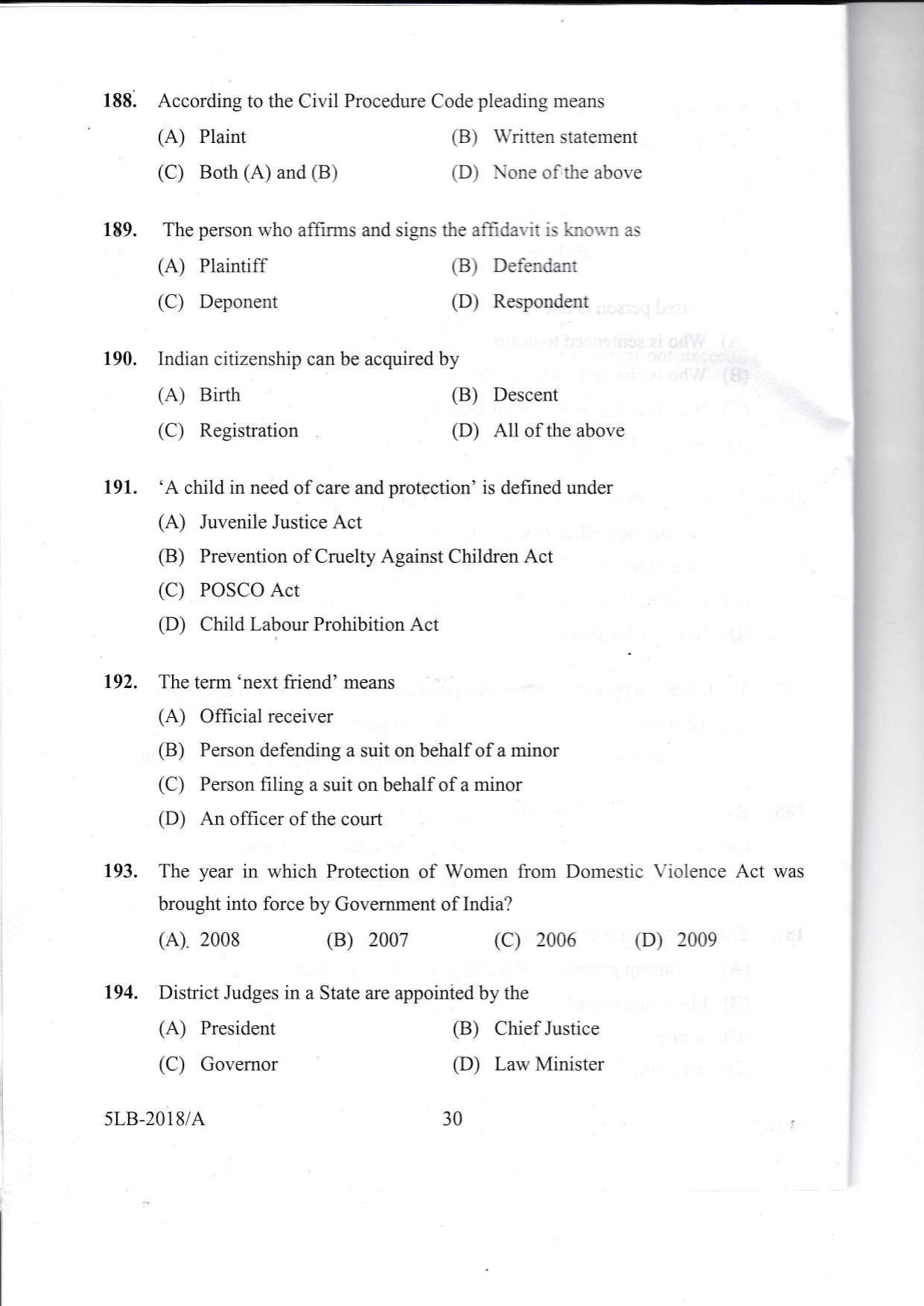 KLEE 5 Year LLB Exam 2018 Question Paper - Page 30