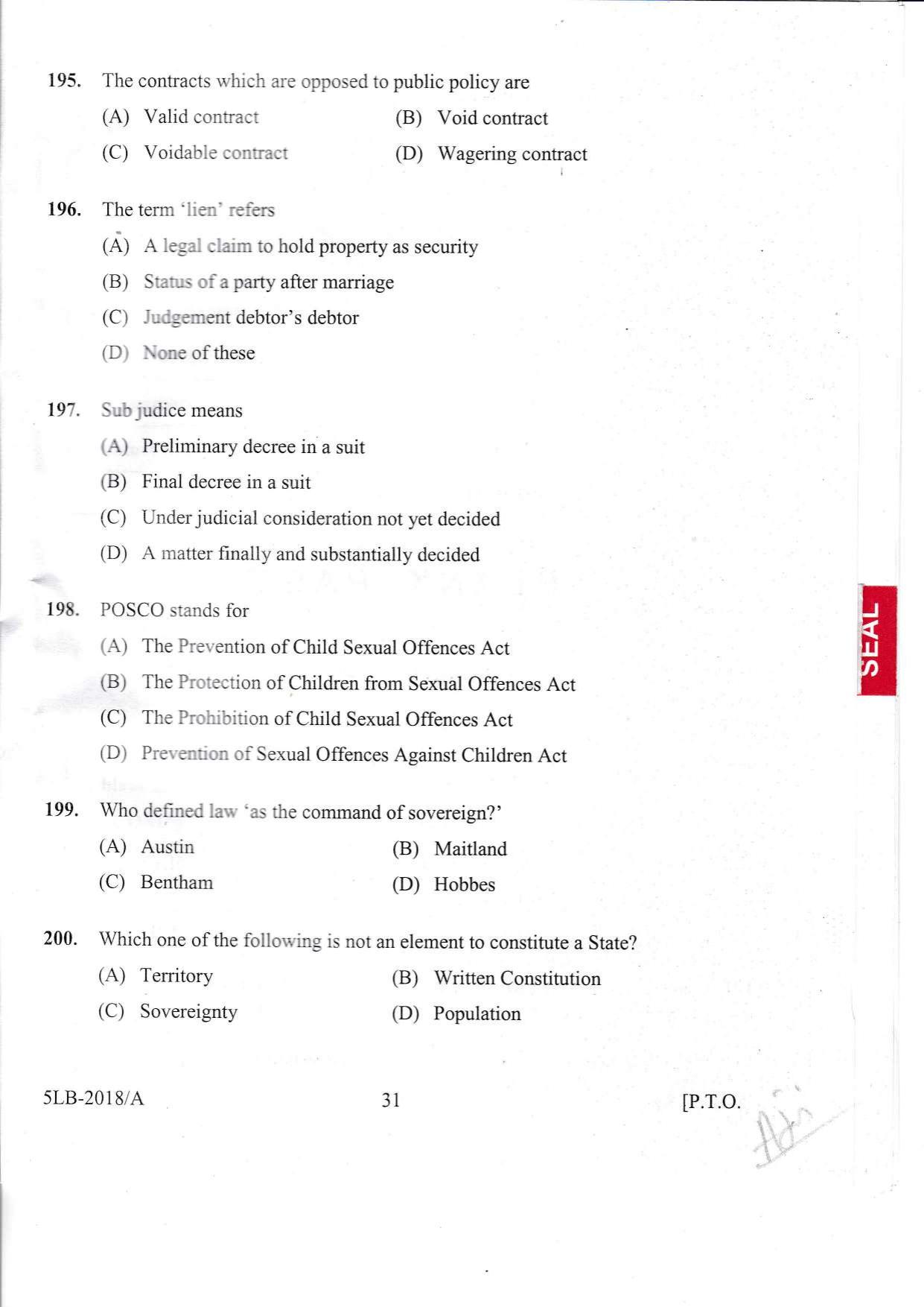 KLEE 5 Year LLB Exam 2018 Question Paper - Page 31