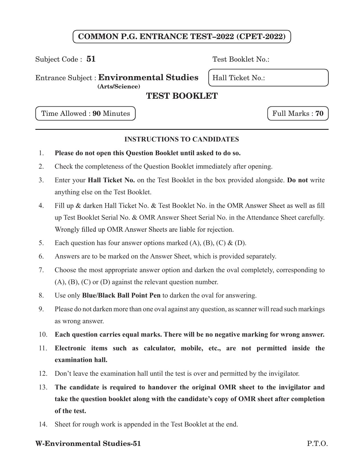 Odisha CPET 2022 ENVIRONMENTAL STUDIES Question Paper - Page 1