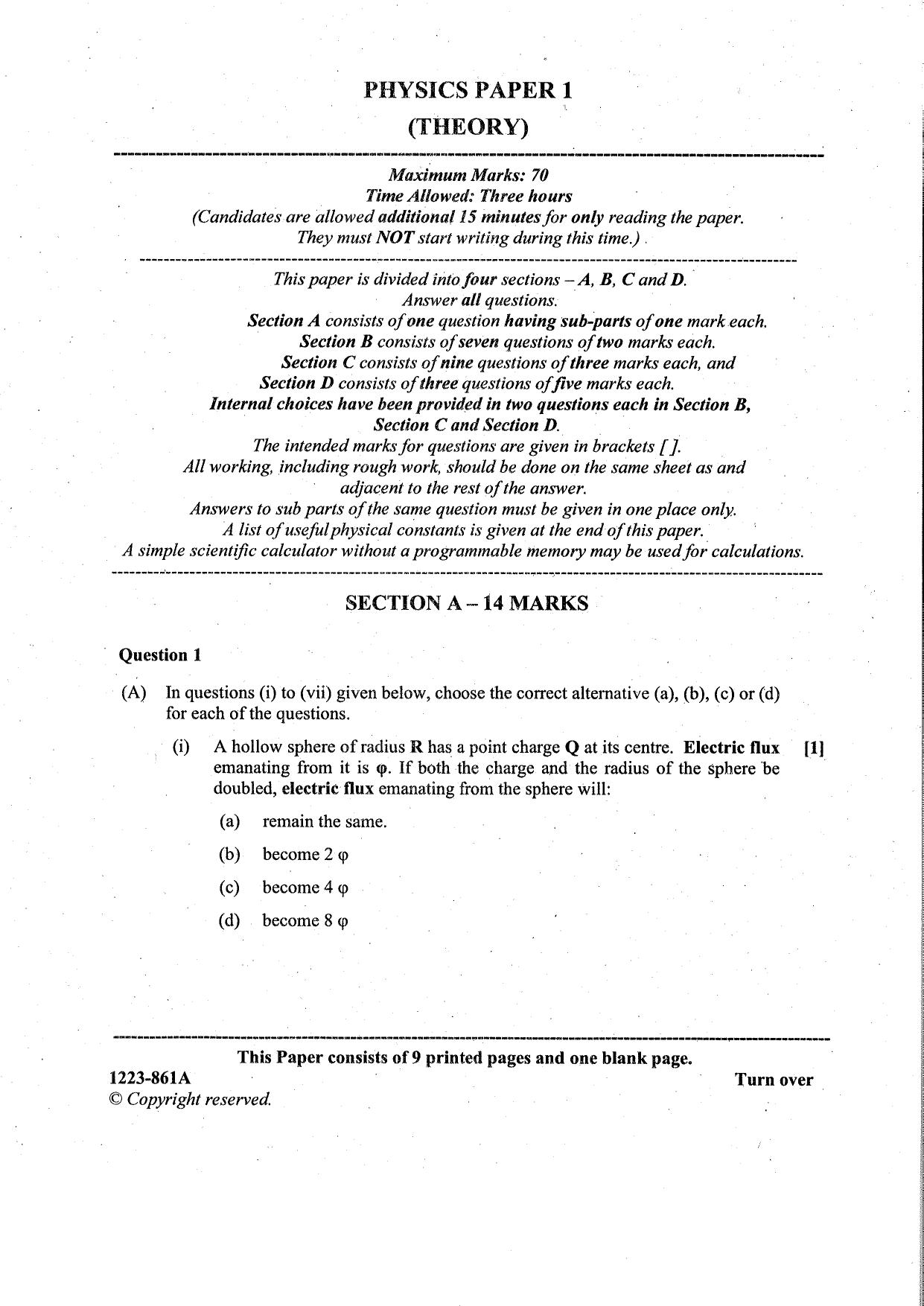 ISC Class 12 Physics 2023 Question Paper - Page 1