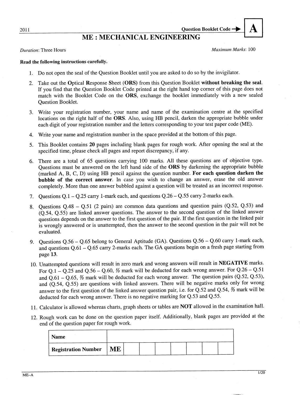 GATE 2011 Mechanical Engineering (ME) Question Paper with Answer Key - Page 1