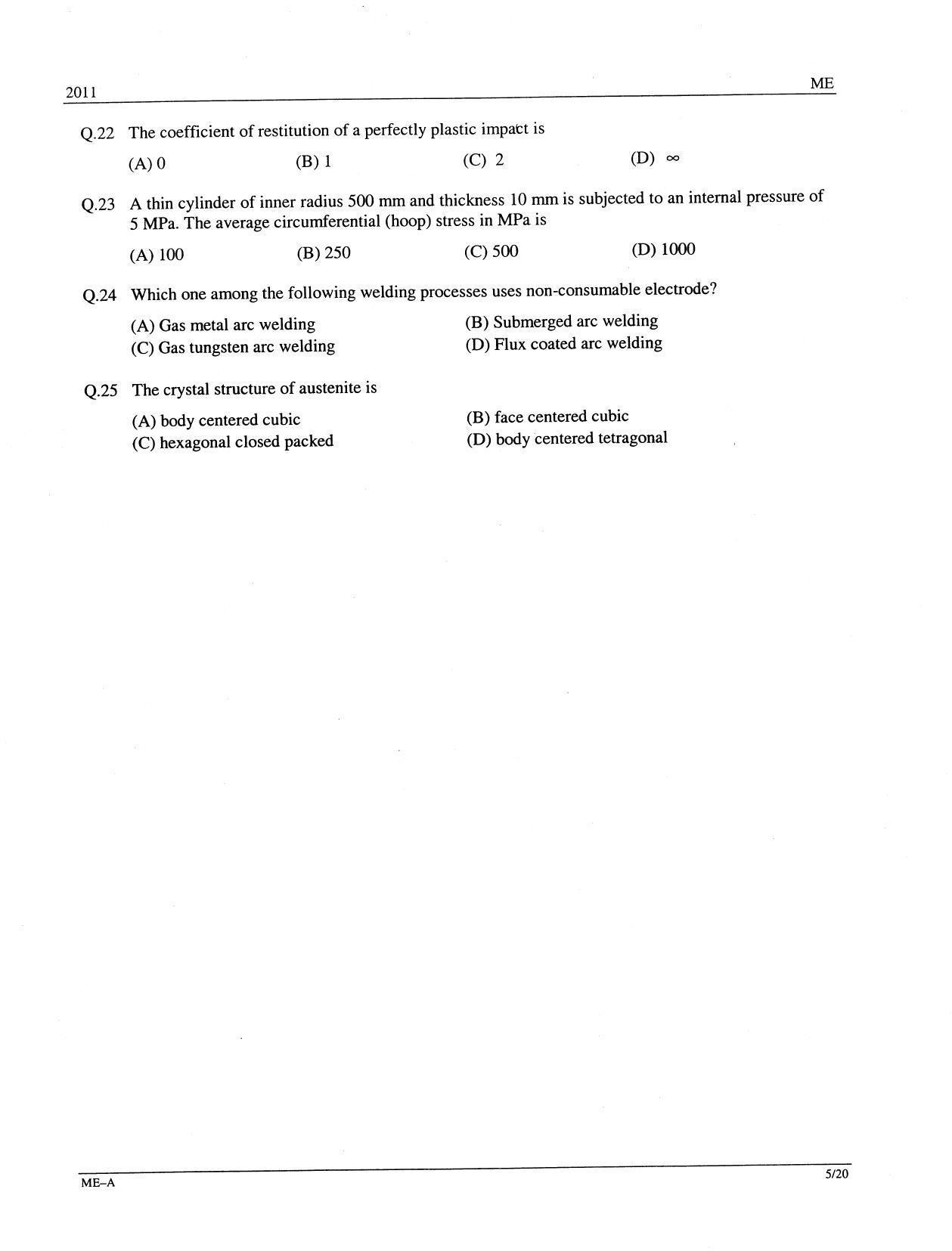GATE 2011 Mechanical Engineering (ME) Question Paper with Answer Key - Page 5