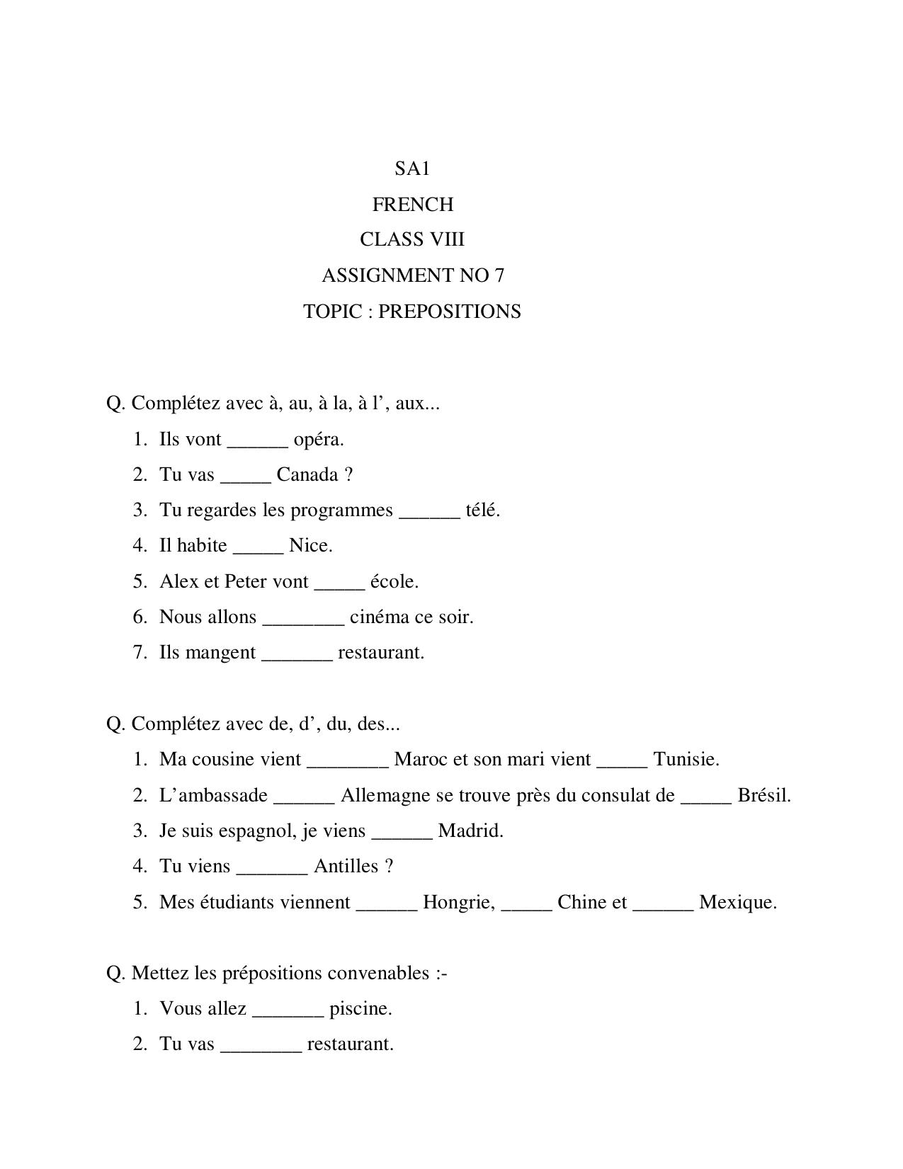 CBSE Worksheets for Class 8 French Assignment 7 - Page 1