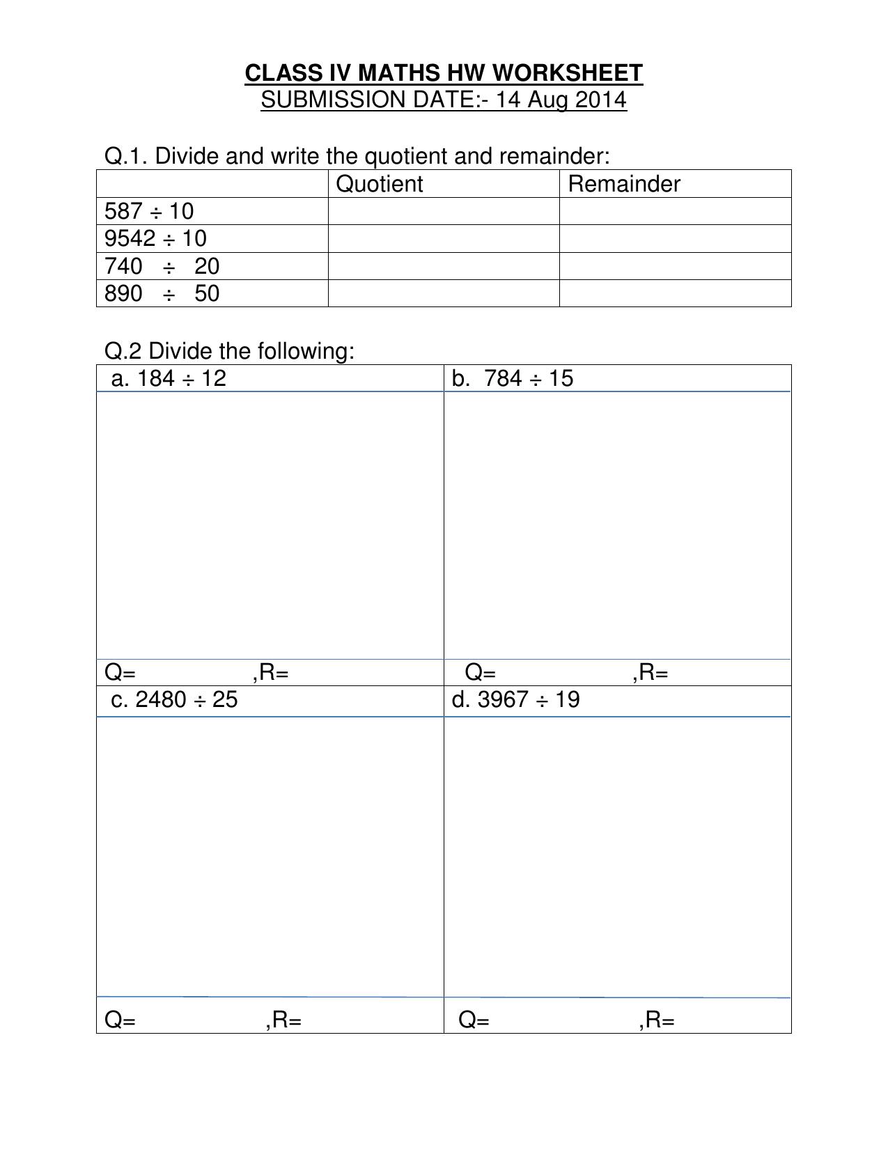 Worksheet for Class 4 Maths Assignment 53 Division - Page 1