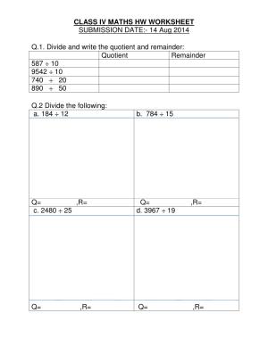 Worksheet for Class 4 Maths Assignment 53 Division