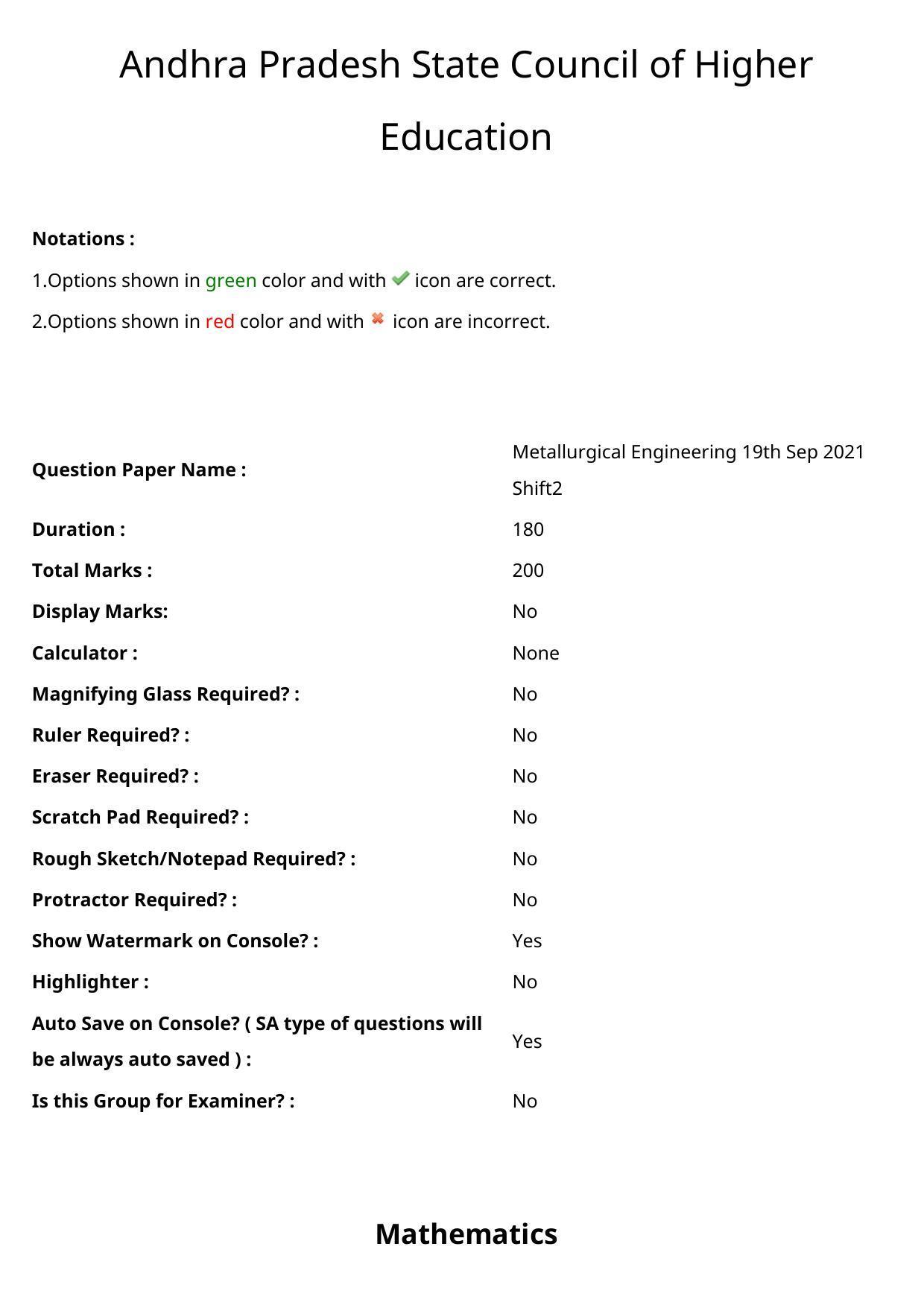 AP ECET 2021 - Metallurgical Engineering Question Paper With Preliminary Keys Shift2 - Page 1
