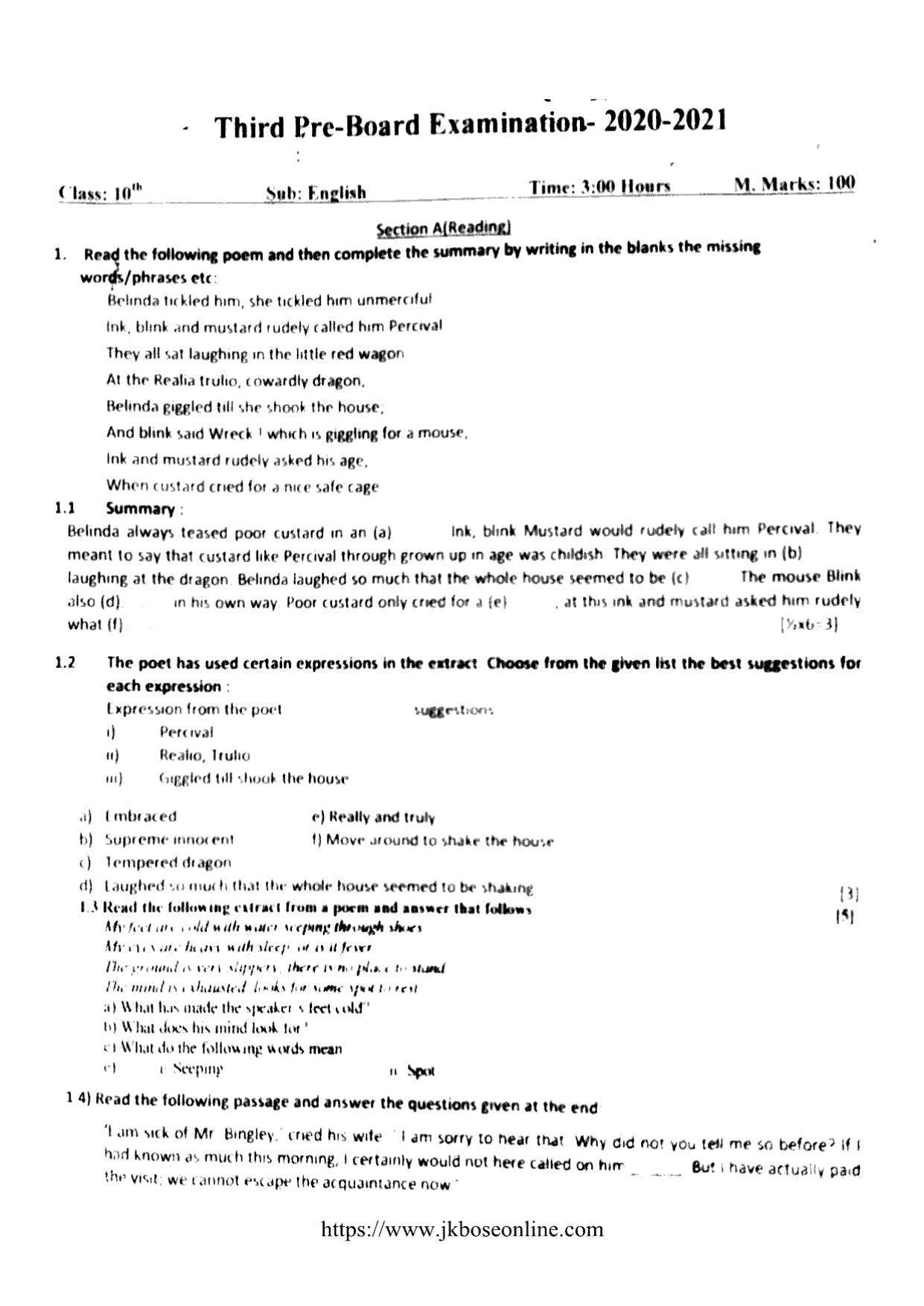 JKBOSE CLASS 10 English (PB) 2021 - Page 1