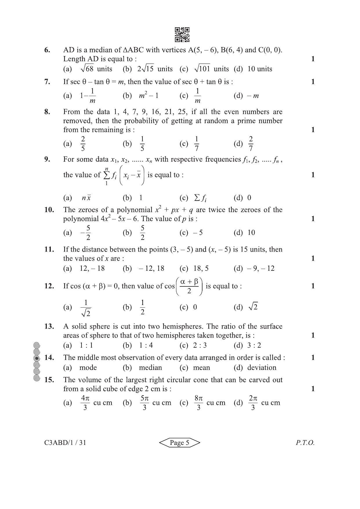 CBSE Class 10 30-1-1 Mathematics Standard 2024 Question Paper - Page 5