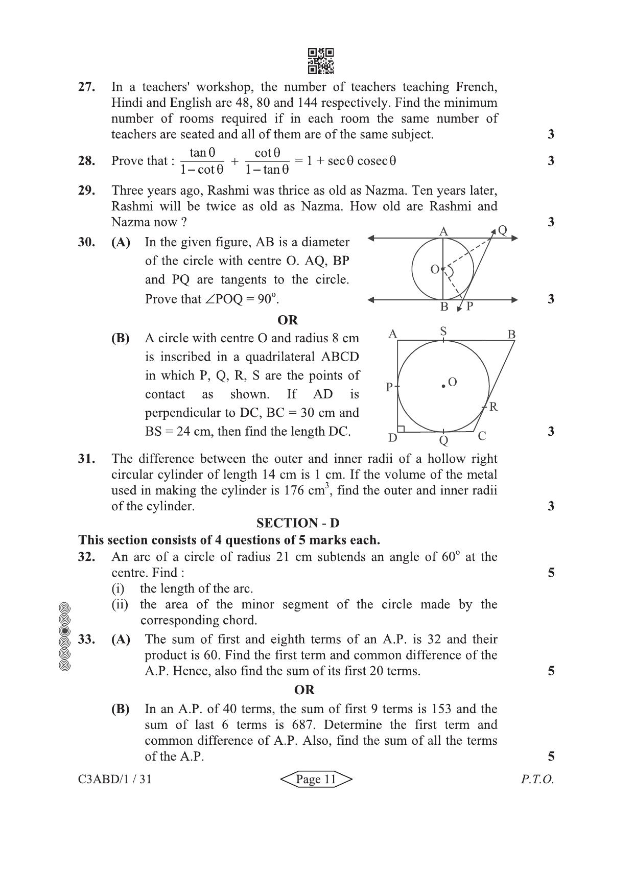 CBSE Class 10 30-1-1 Mathematics Standard 2024 Question Paper - Page 11