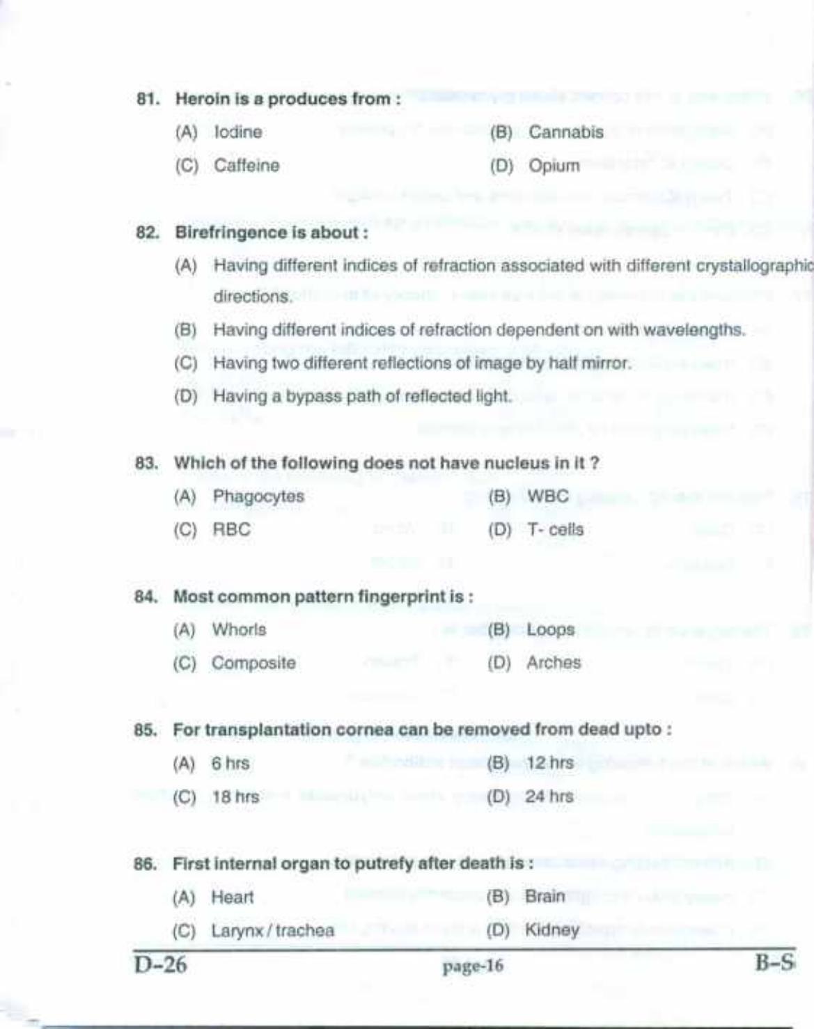 PU CET(PG) 2017: M.Sc. Forensic Science & Criminology SET B Question Paper - Page 16