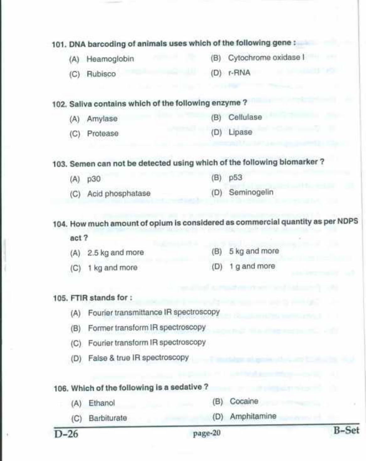 PU CET(PG) 2017: M.Sc. Forensic Science & Criminology SET B Question Paper - Page 20