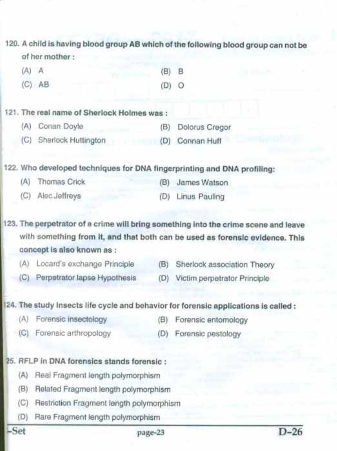 PU CET(PG) 2017: M.Sc. Forensic Science & Criminology SET B Question Paper - Page 23