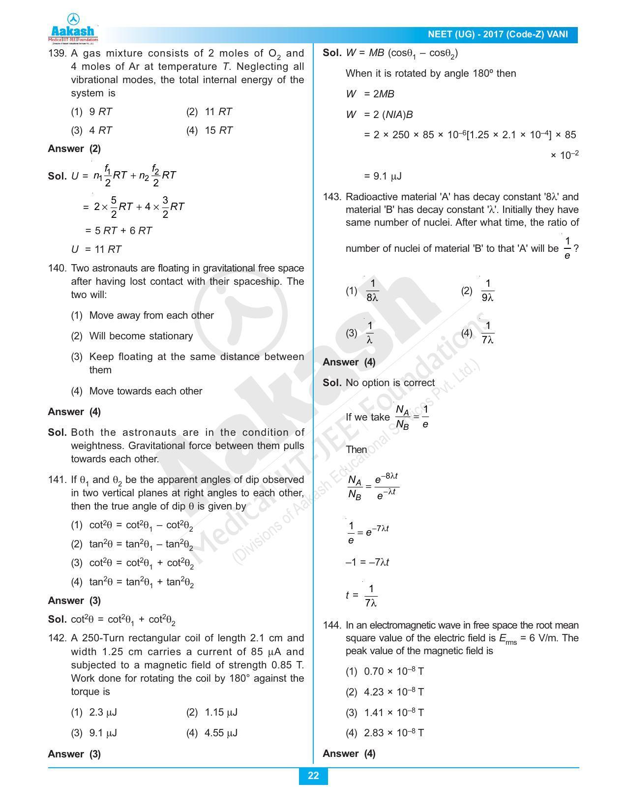  NEET Code Z 2017 Answer & Solutions - Page 22