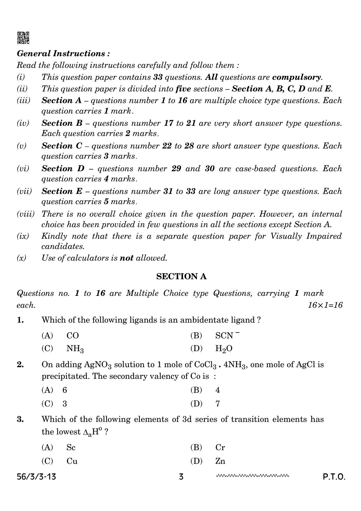 CBSE Class 12 56-3-3 Chemistry 2024 Question Paper - Page 3
