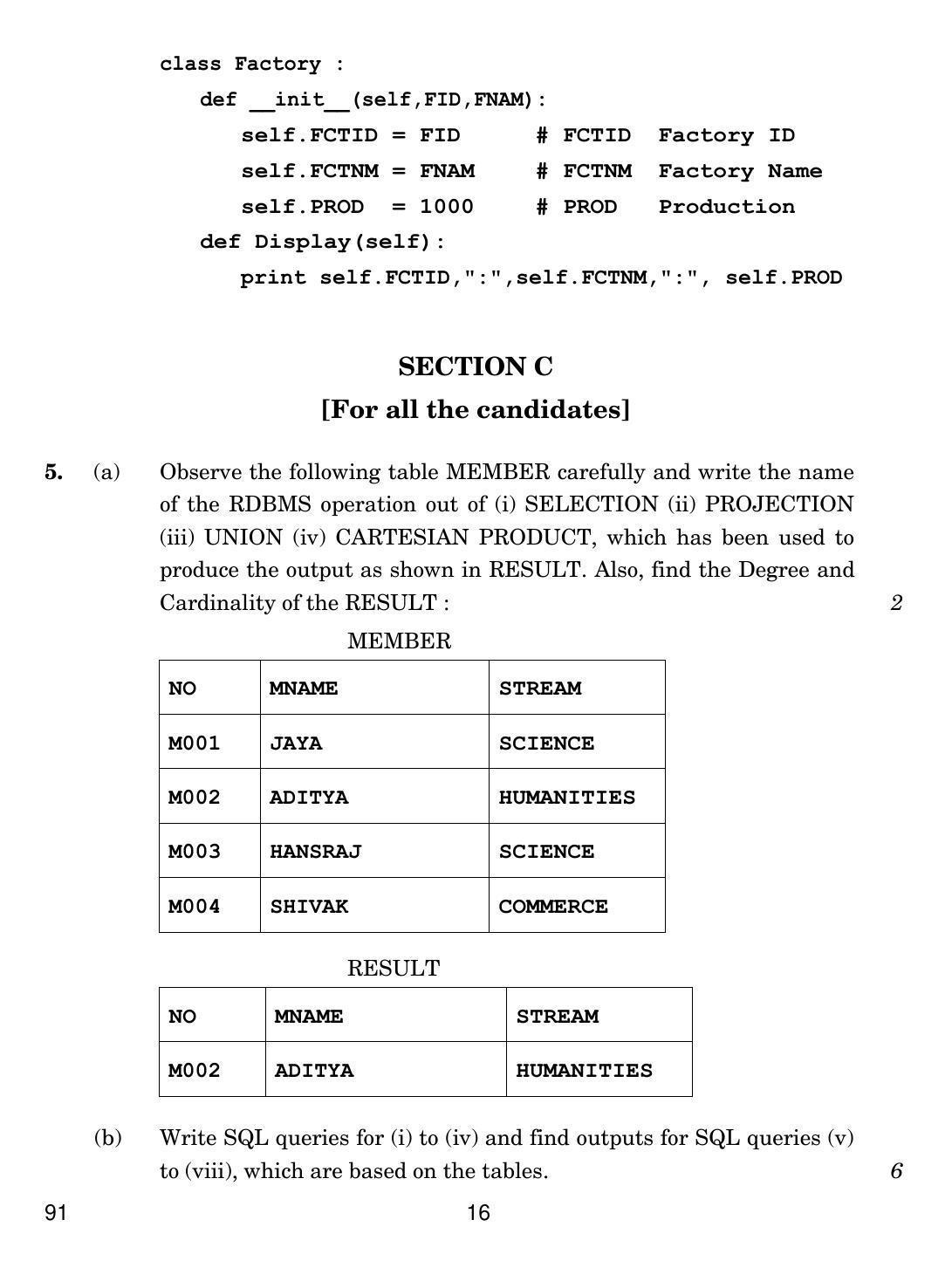 CBSE Class 12 91 COMPUTER SCIENCE 2017 Question Paper - Page 16