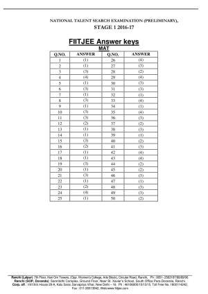 Jharkhand (JAC) NTSE 2016-17 (MAT, Lang, SAT) Answer Key
