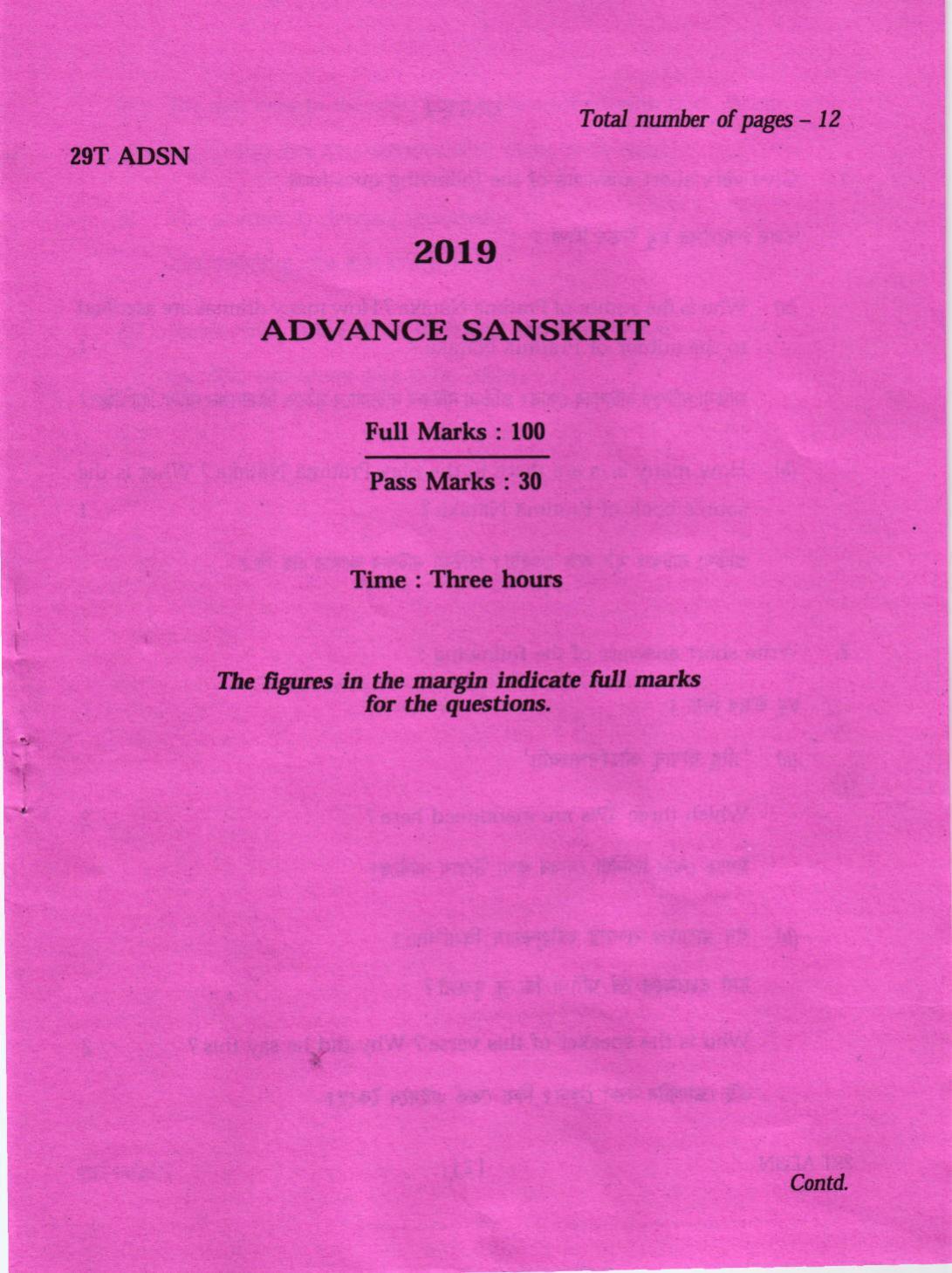 AHSEC Class 12 Advance Sanskrit 2019 Question Papers - Page 1