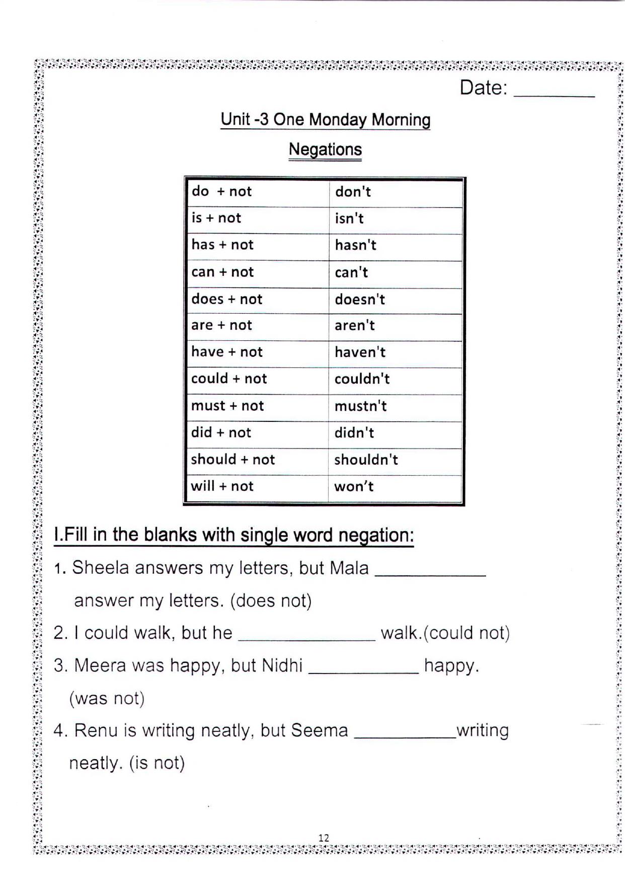 Worksheet for Class 2 English Assignment 103 Negations - Page 1