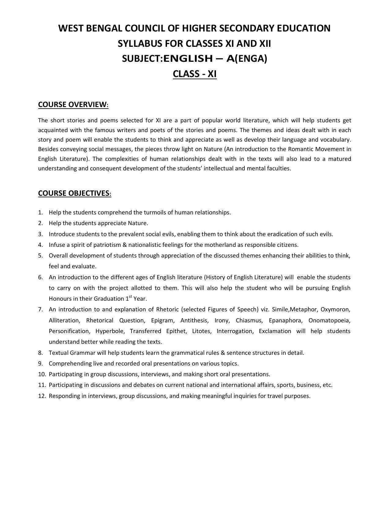 WBCHSE Class 11 & 12 Syllabus for English-A (ENGA) (Language) - Page 1