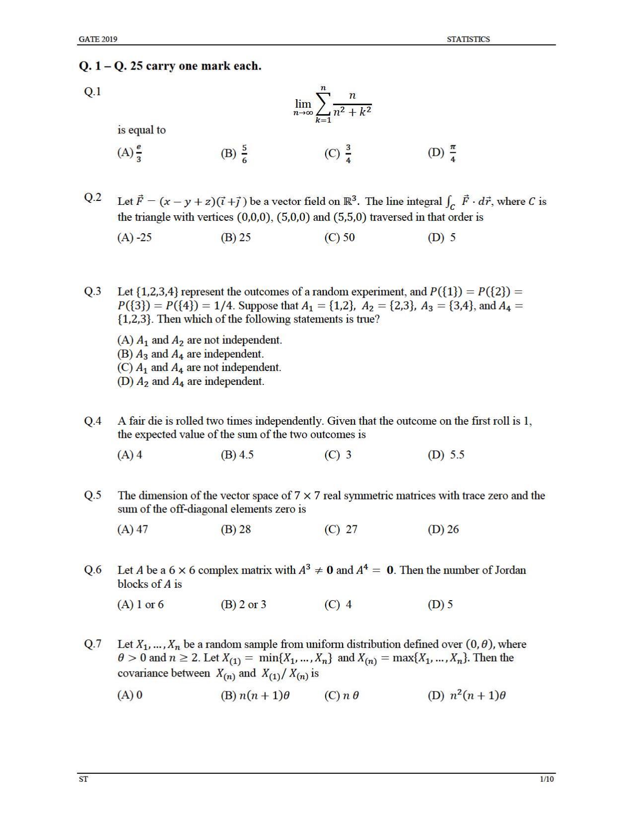 GATE 2019 Statistics (ST) Question Paper - Page 4