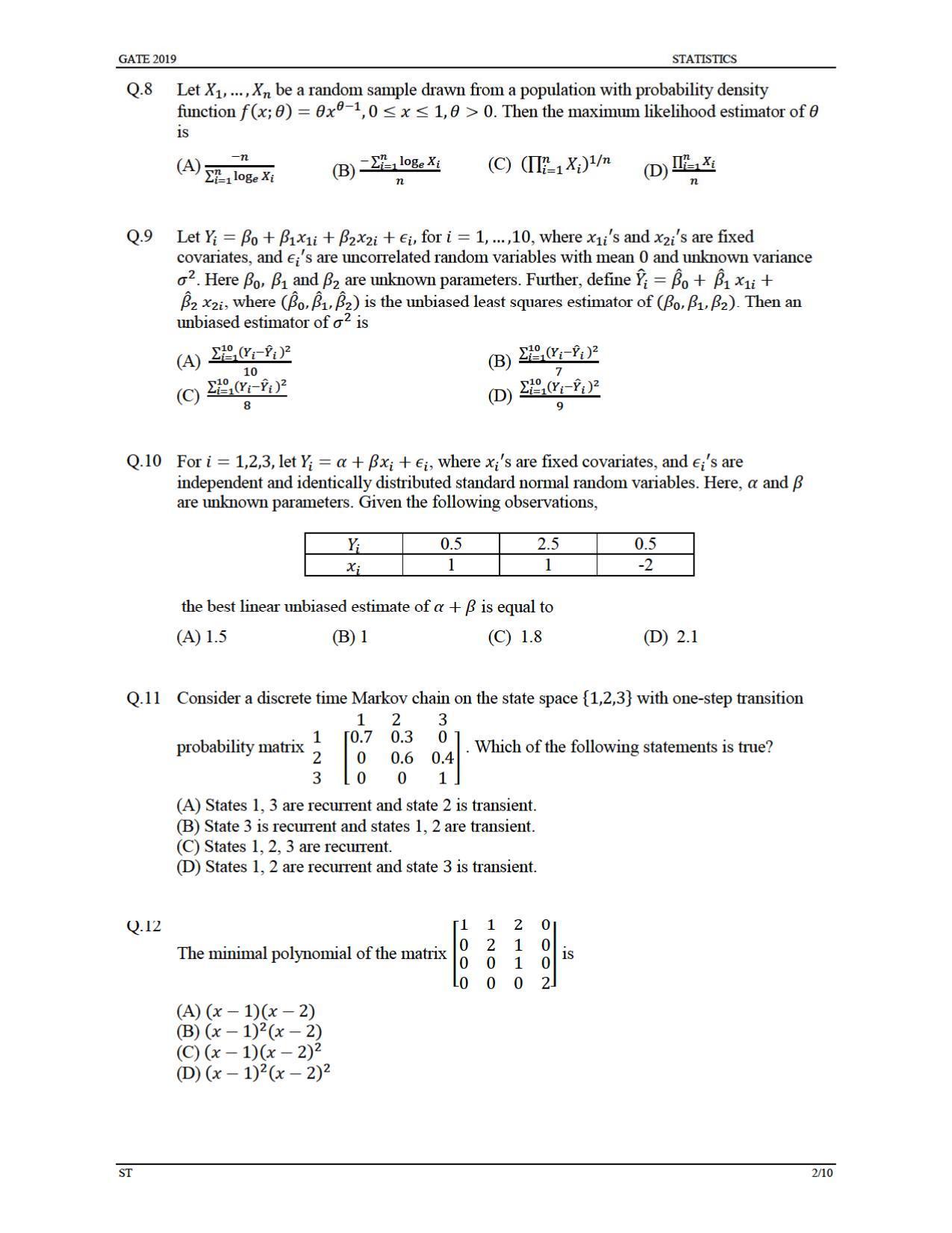 GATE 2019 Statistics (ST) Question Paper - Page 5