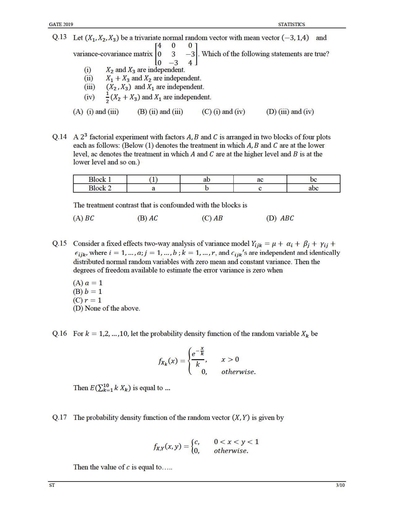GATE 2019 Statistics (ST) Question Paper - Page 6