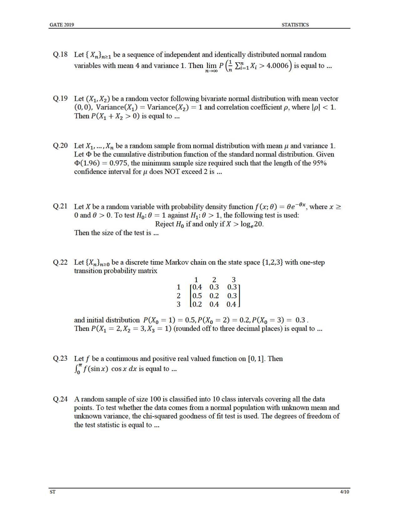 GATE 2019 Statistics (ST) Question Paper - Page 7
