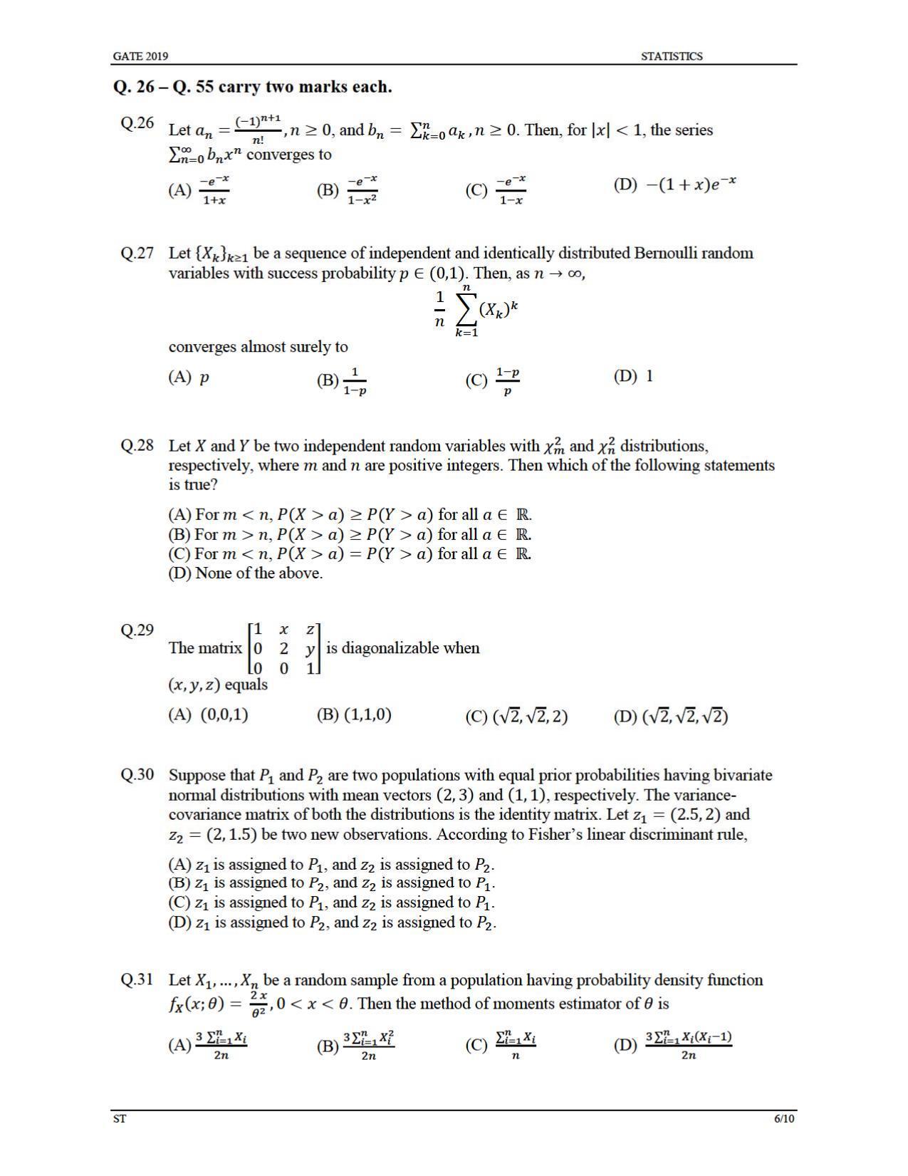 GATE 2019 Statistics (ST) Question Paper - Page 9