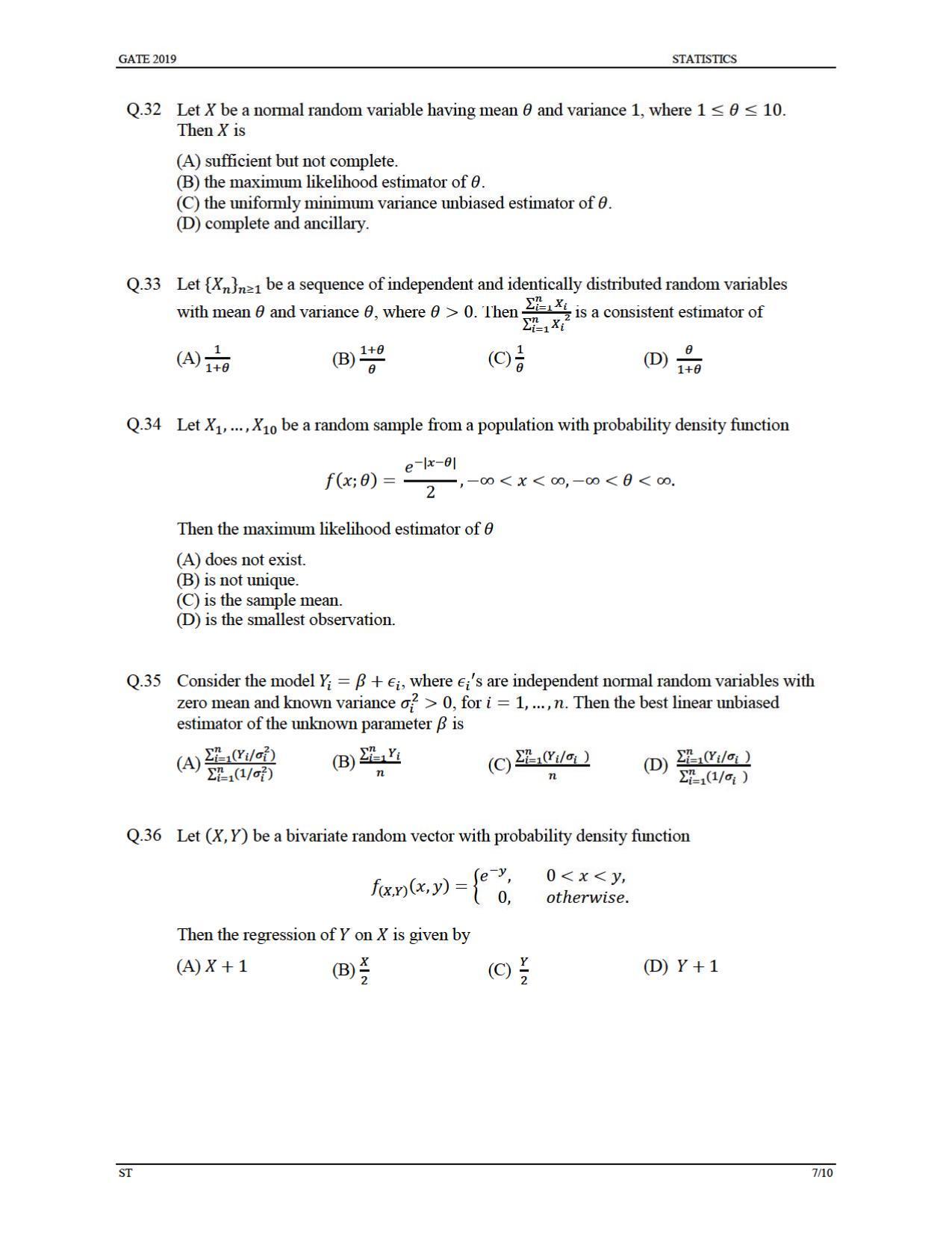 GATE 2019 Statistics (ST) Question Paper - Page 10
