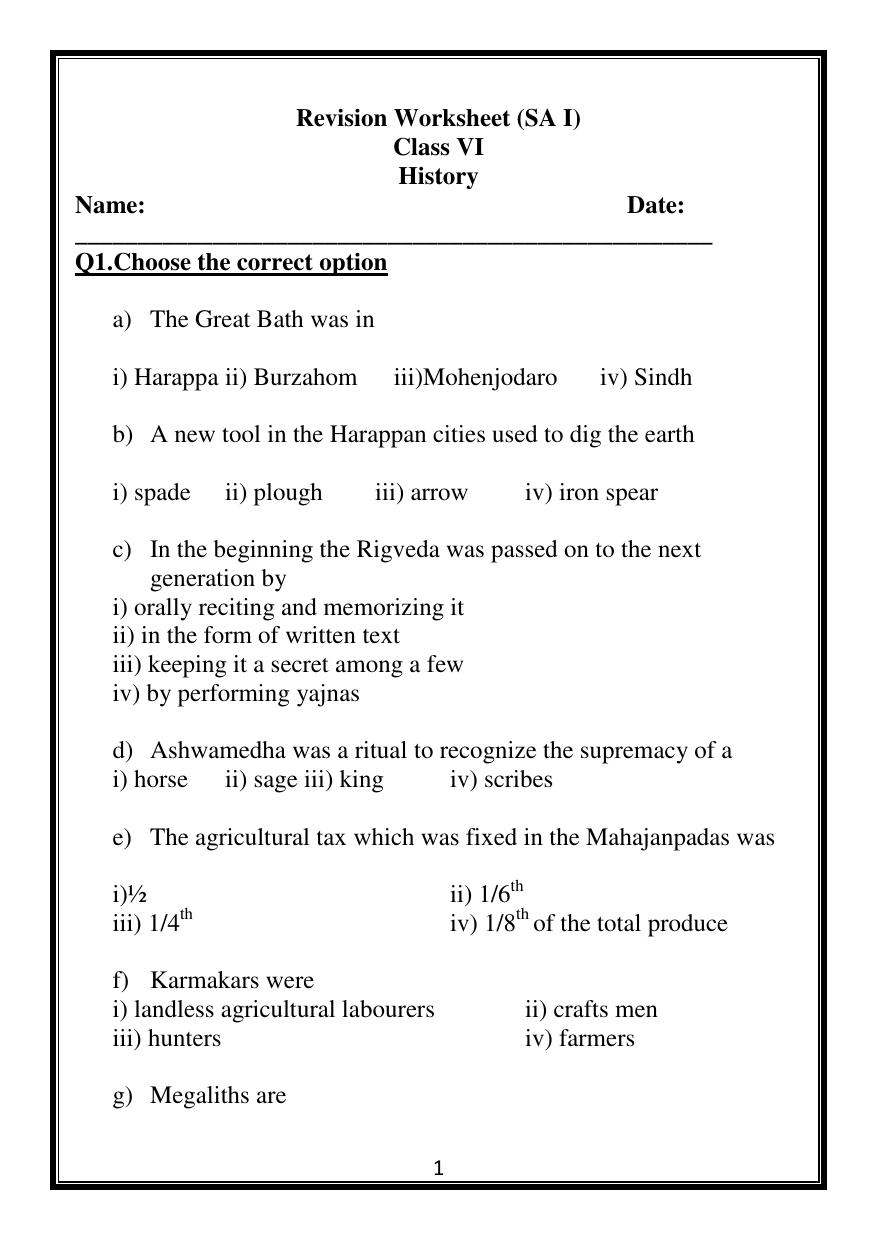CBSE Worksheets for Class 6 Social Science History Assignment 13 - Page 1
