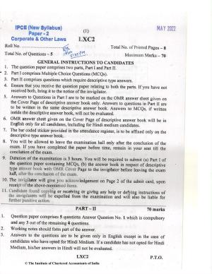 CA Inter May 2022 Question Paper - Paper 2 – Corporate and Other Laws