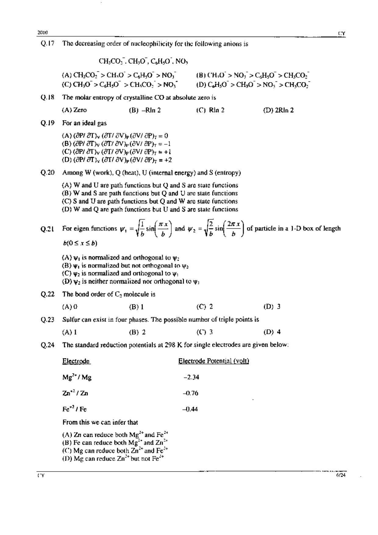 GATE 2010 Chemistry (CY) Question Paper with Answer Key - Page 6