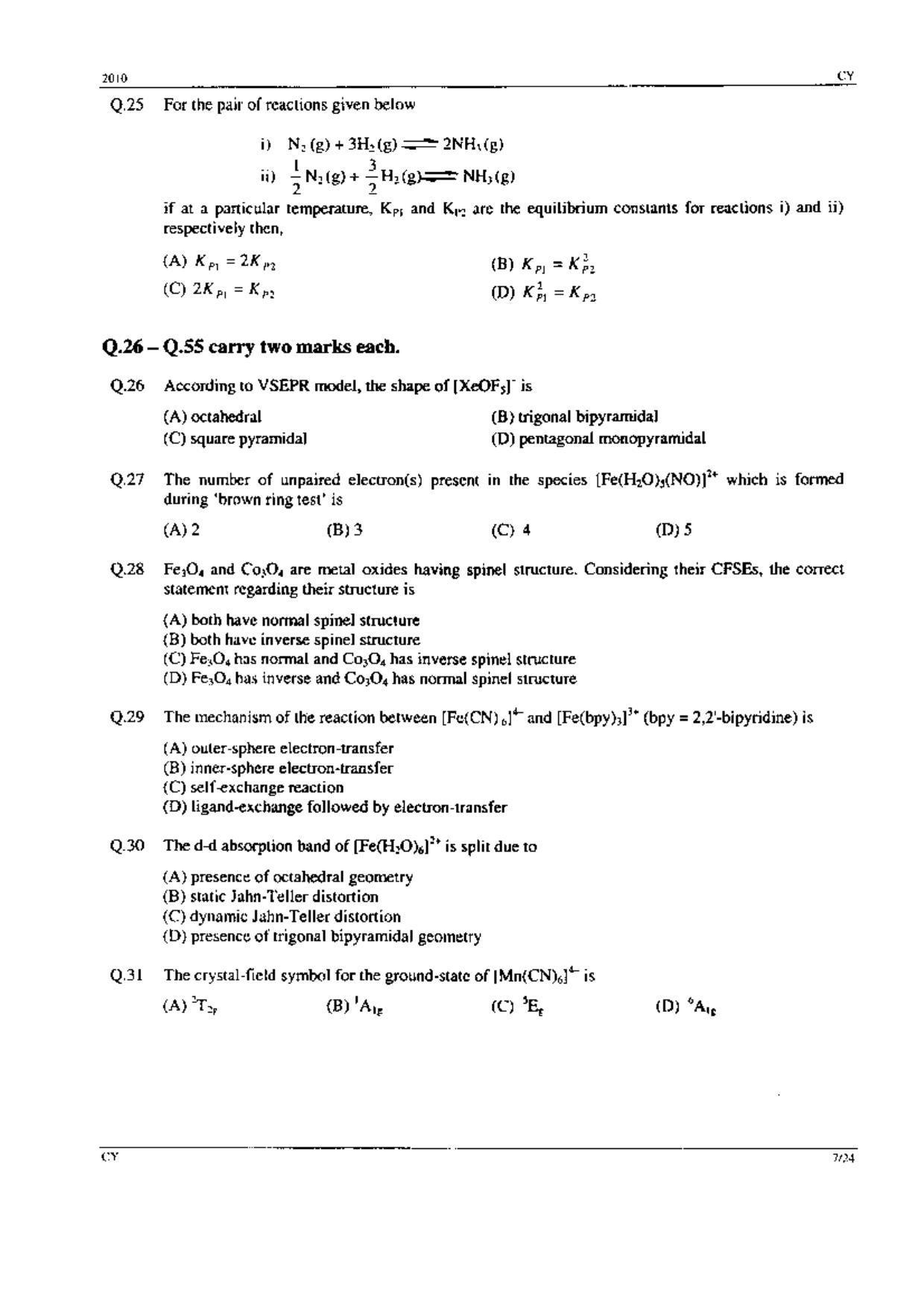 GATE 2010 Chemistry (CY) Question Paper with Answer Key - Page 7